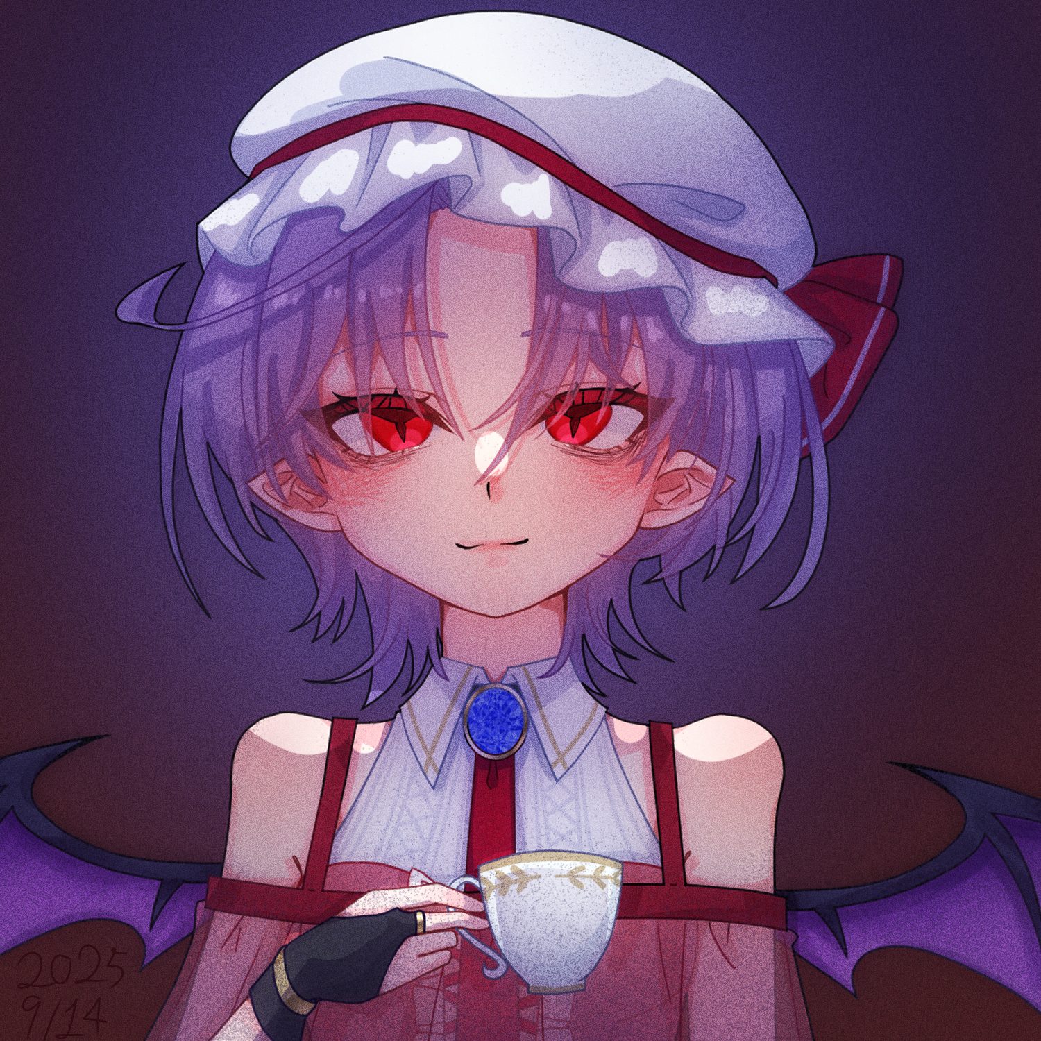 remilia scarlet, touhou, highres, 1girl, bare shoulders, bat wings, black bridal gauntlets, black gloves, blush, bridal gauntlets, closed mouth, clothing cutout, collared shirt, cup, dated, fingerless gloves, gem, gloves, hat, hat ribbon, holding, holding cup, mob cap, parted bangs, pink shirt, pointy ears, purple background, purple gemstone, purple hair, red eyes, red ribbon, ribbon, rio rio 1011, shirt, short hair, shoulder cutout, slit pupils, smile, solo, split mouth, two-tone shirt, white hat, white shirt, wings, wolf cut