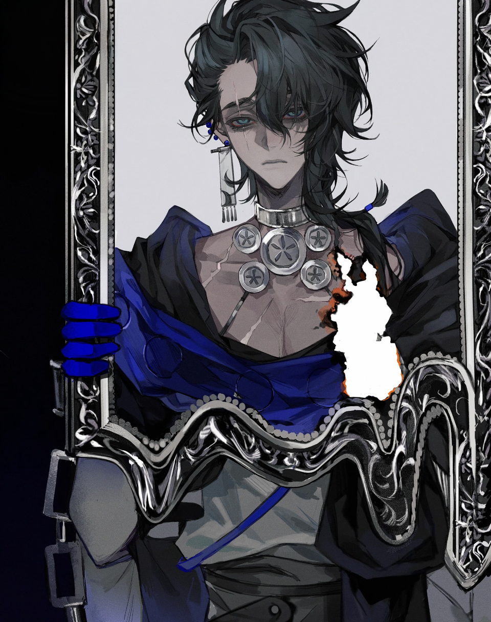 zhishiwan, original, highres, 1boy, bags under eyes, black hair, black jacket, blue eyes, blue gloves, braid, choker, dangling earring, earrings, gloves, hair over one eye, holding, jacket, jewelry, long sleeves, looking at viewer, male focus, messy hair, necklace, open clothes, ornate, parted bangs, portrait, reference sheet, scar, scar on chest, scar on face, serious, short hair, side braid, simple background, single earring, single glove, sketch, solo, upper body, white background