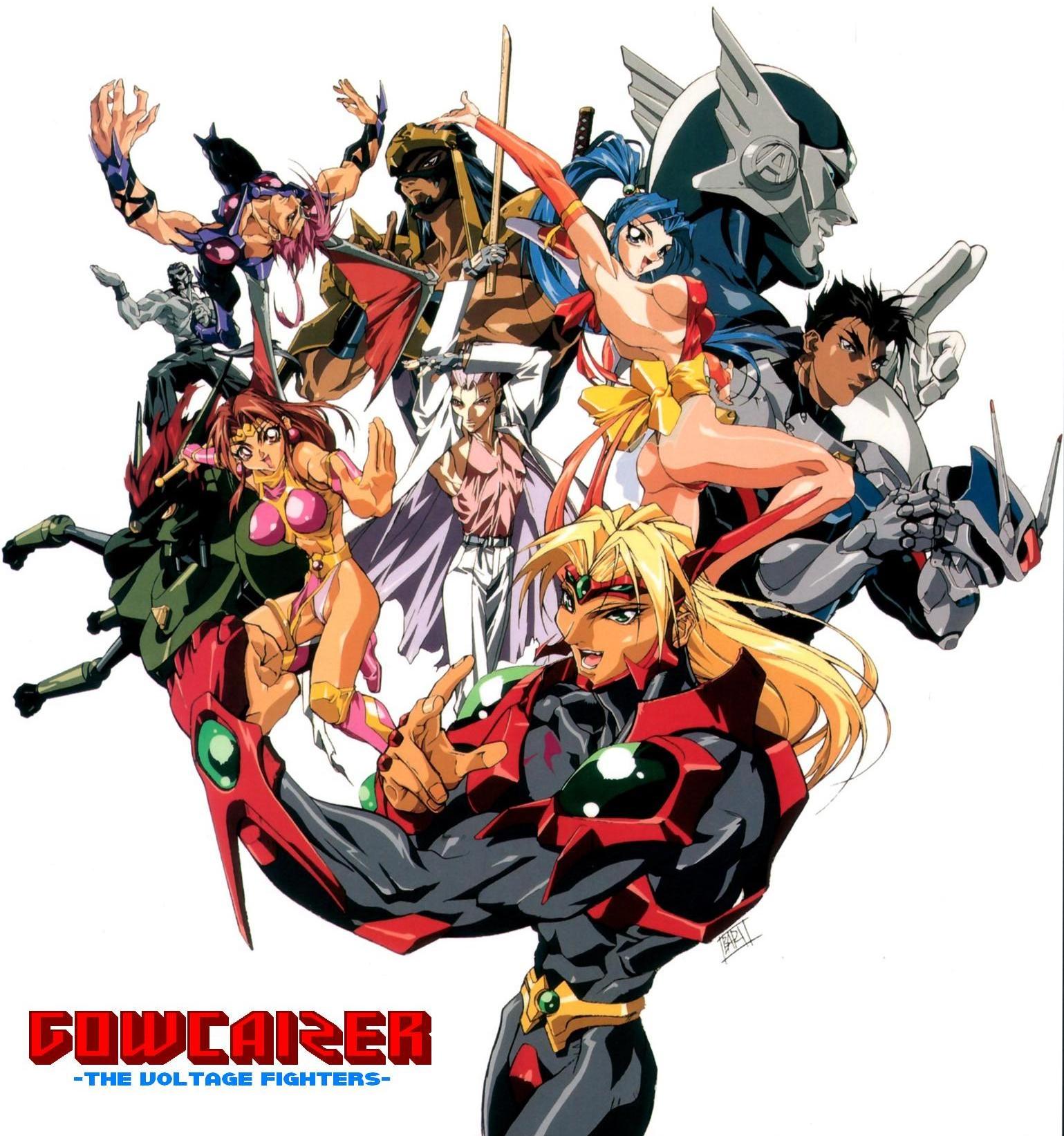 kyosuke, oobari masami, battle master sheng long, brider, fudomaru, gowcaizer, hishizaki shaia (gowcaizer), kaiza gouichiro, kaiza isato, kash gyustan, marion (gowcaizer), randy riggs, shigure kyosuke, son karin, tachibana ikki, choujin gakuen gowcaizer, technos, highres, scan, 1990s (style), 2girls, 6+boys, armor, ass, black hair, blonde hair, blue hair, bodysuit, bokken, breasts, brown hair, copyright name, everyone, fang, high ponytail, large breasts, leotard, long hair, looking at viewer, martial arts, mask, multiple boys, multiple girls, muscular, open mouth, ponytail, poster (medium), power armor, power suit, retro artstyle, revealing clothes, robot, short hair, sideboob, simple background, skin tight, smile, spandex, stick, sword, tan, thong leotard, weapon, white background, wings, wooden sword