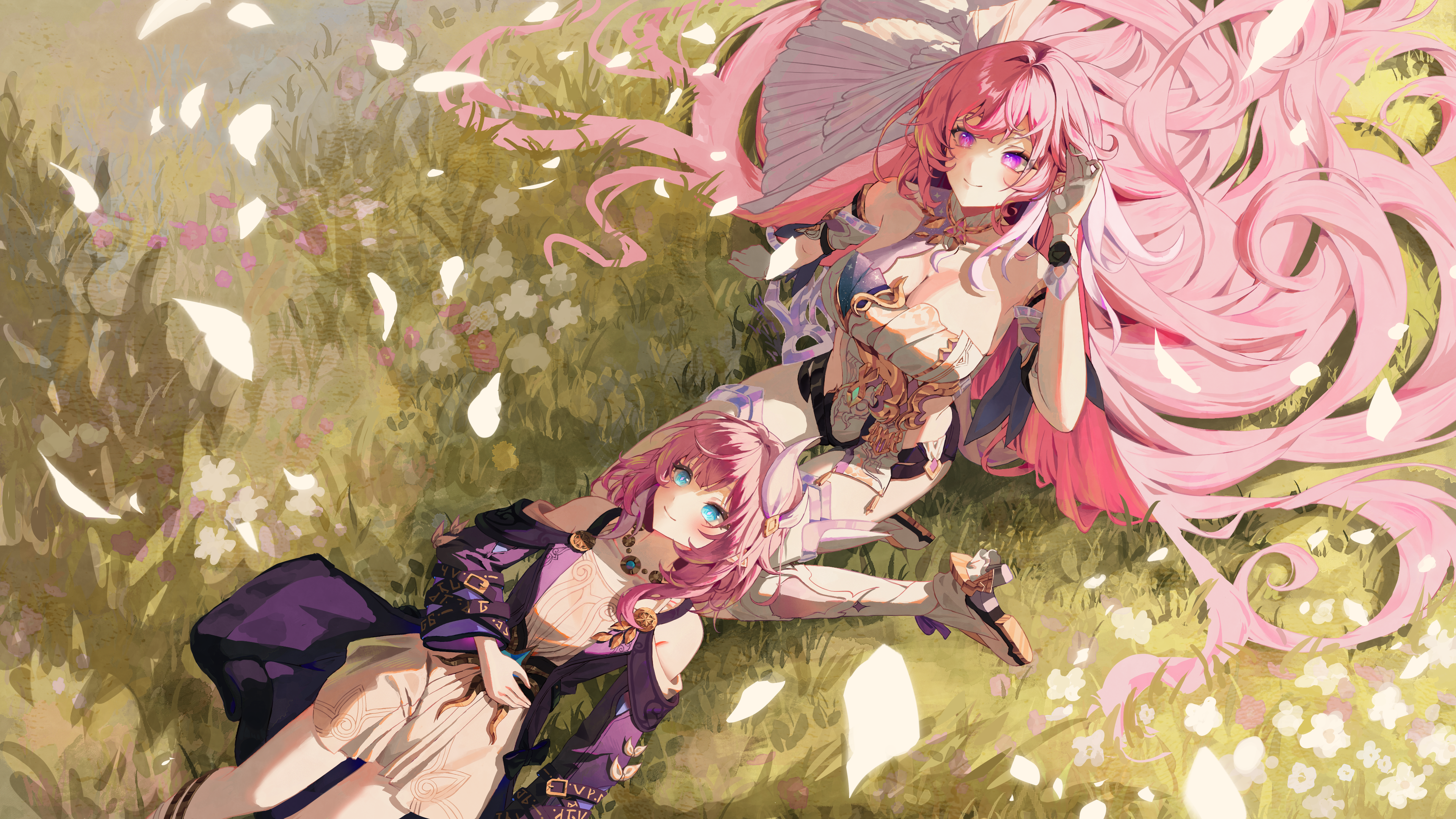 reosroom, cyrene (honkai: star rail), elysia (herrscher of human: ego) (honkai impact), elysia (honkai impact), inoue marina, honkai: star rail, honkai (series), honkai impact 3rd, absurdres, commentary request, highres, korean commentary, 2girls, bare shoulders, blue eyes, boots, breasts, coat, company connection, corset, cyrene (aedes elysiae) (honkai: star rail), diamond-shaped pupils, diamond (shape), dress, falling petals, gloves, hair ornament, jewelry, lap pillow invitation, large breasts, long hair, multicolored hair, multiple girls, necklace, on ground, outdoors, petals, pink hair, purple coat, purple eyes, smile, symbol-shaped pupils, two-tone hair, very long hair, voice actor connection, white boots, white corset, white dress, white gloves, white hair, yanning
