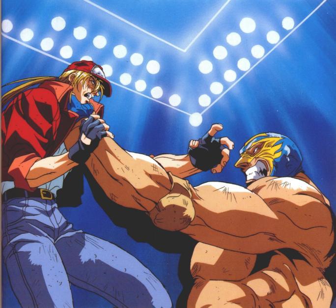 oobari masami, big bear, raiden (fatal fury), raiden (snk), terry bogard, fatal fury, fatal fury: legend of the hungry wolf, snk, bad tag, 1990s (style), 2boys, baseball cap, battle, black gloves, blue gloves, denim, fangs, fighting, fingerless gloves, gloves, hat, jeans, jewelry, luchador, luchador mask, male focus, mask, multiple boys, muscular, muscular male, pants, retro artstyle, ring, wrestler