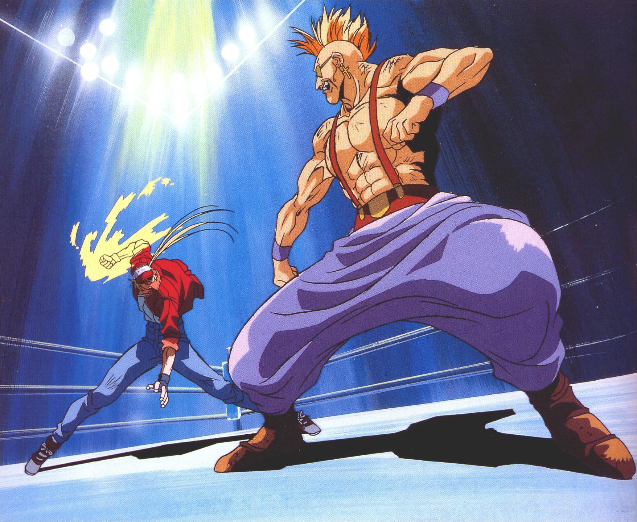 oobari masami, duck king, terry bogard, fatal fury, snk, the king of fighters, bad tag, highres, 2boys, battle, fighting, male focus, martial arts, multiple boys, power wave