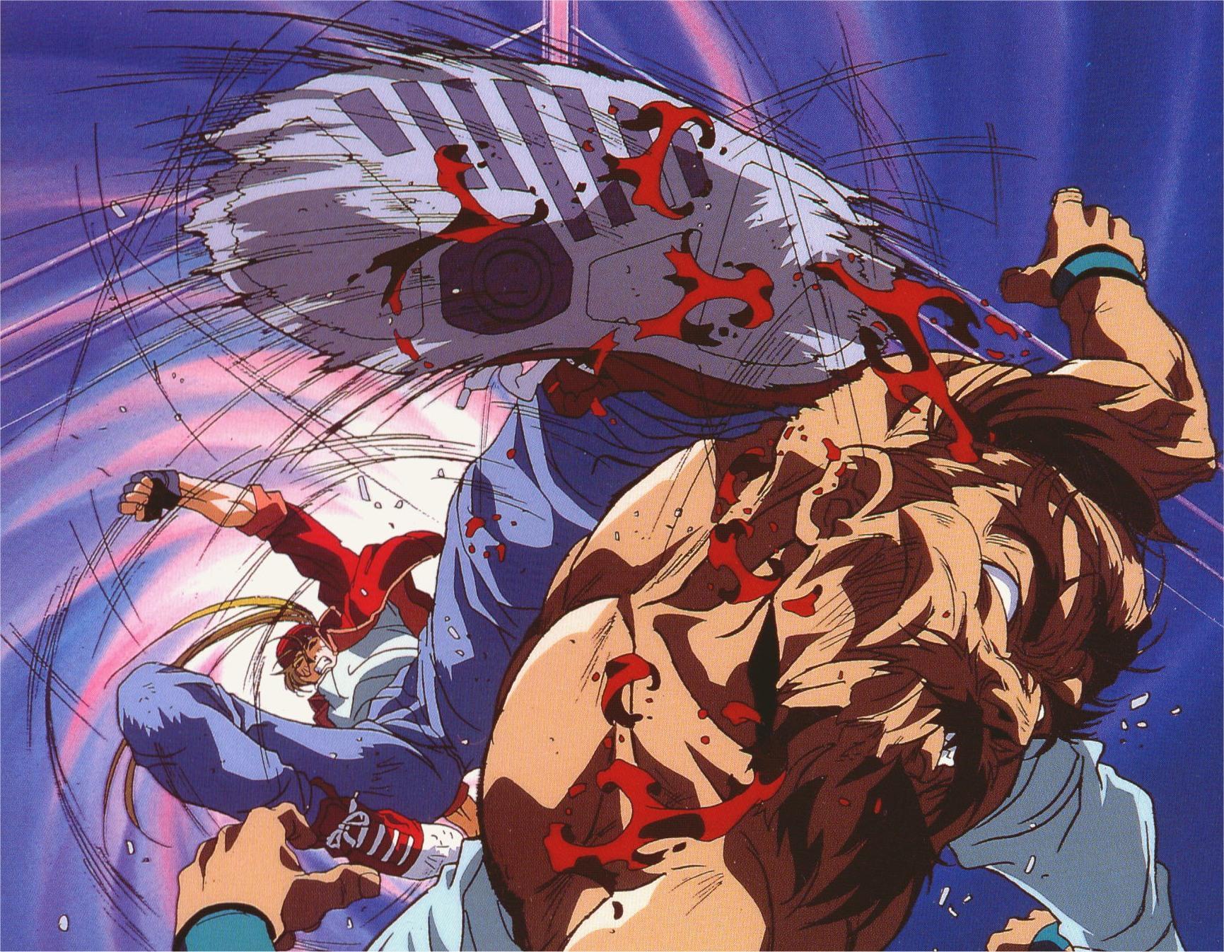 oobari masami, richard meyer, terry bogard, fatal fury, snk, bad tag, highres, 2boys, baseball cap, battle, beard, black gloves, blonde hair, blood, facial hair, fighting, fingerless gloves, gloves, hat, kicking, male focus, martial arts, multiple boys, violence