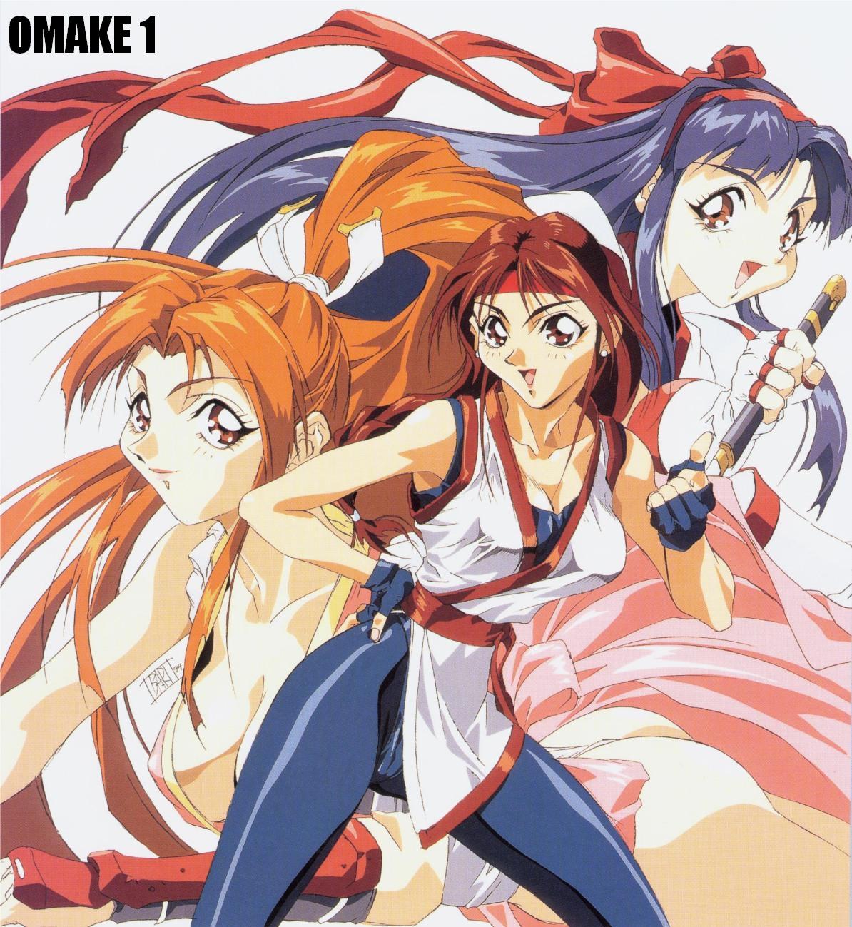 oobari masami, nakoruru, shiranui mai, yuri sakazaki, fatal fury, neo geo, ryuuko no ken, samurai spirits, snk, the king of fighters, bad tag, highres, scan, 3girls, ass, breasts, female focus, looking at viewer, martial arts, multiple girls, omake, sideboob
