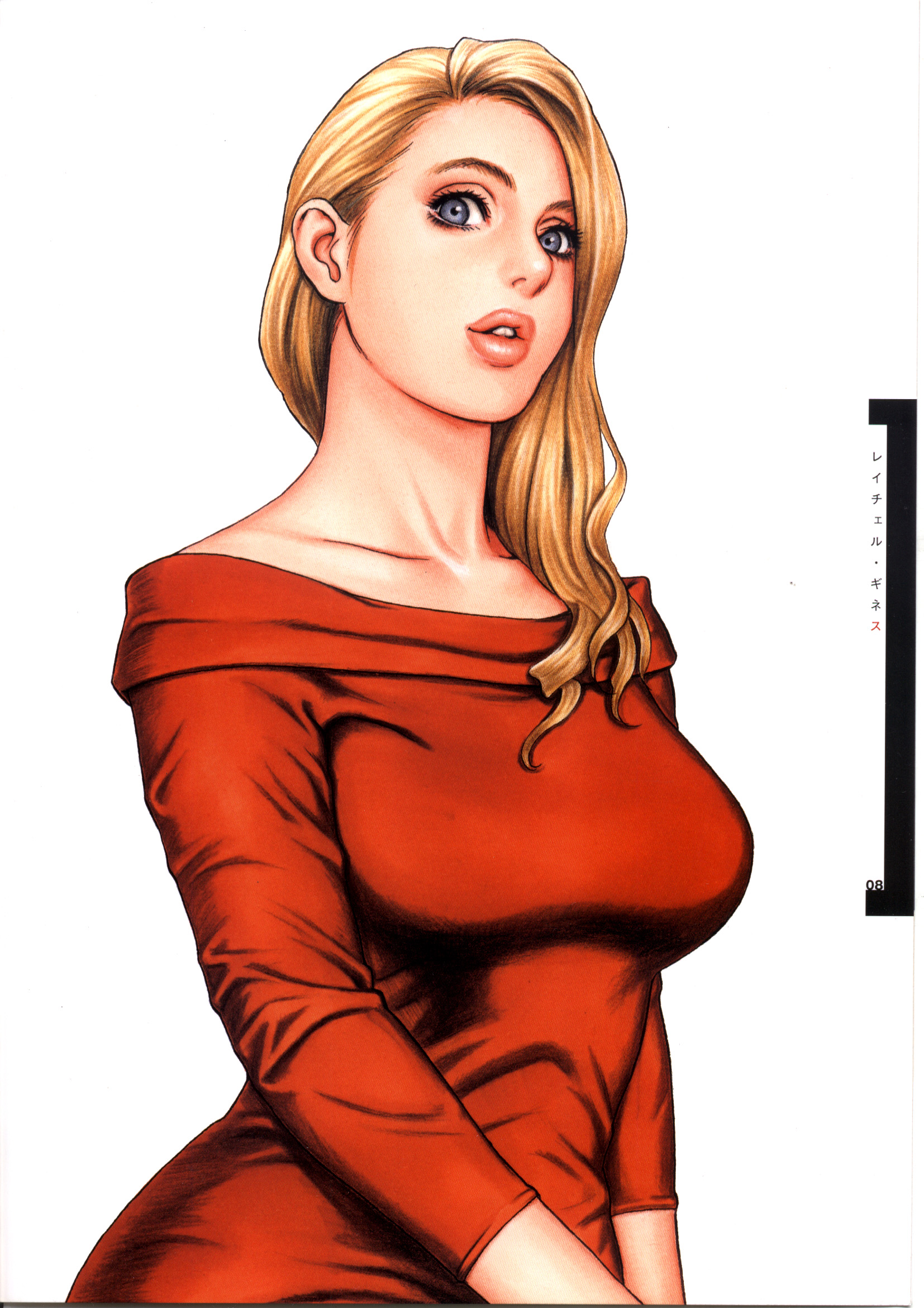 tsukasa jun, rechel guinnes, taisen hot gimmick, taisen hot gimmick 4ever, highres, scan, 1girl, blonde hair, blue eyes, breasts, dress, female focus, large breasts, lips, lipstick, long hair, looking at viewer, makeup, off shoulder, open mouth, simple background, smile, solo, upper body
