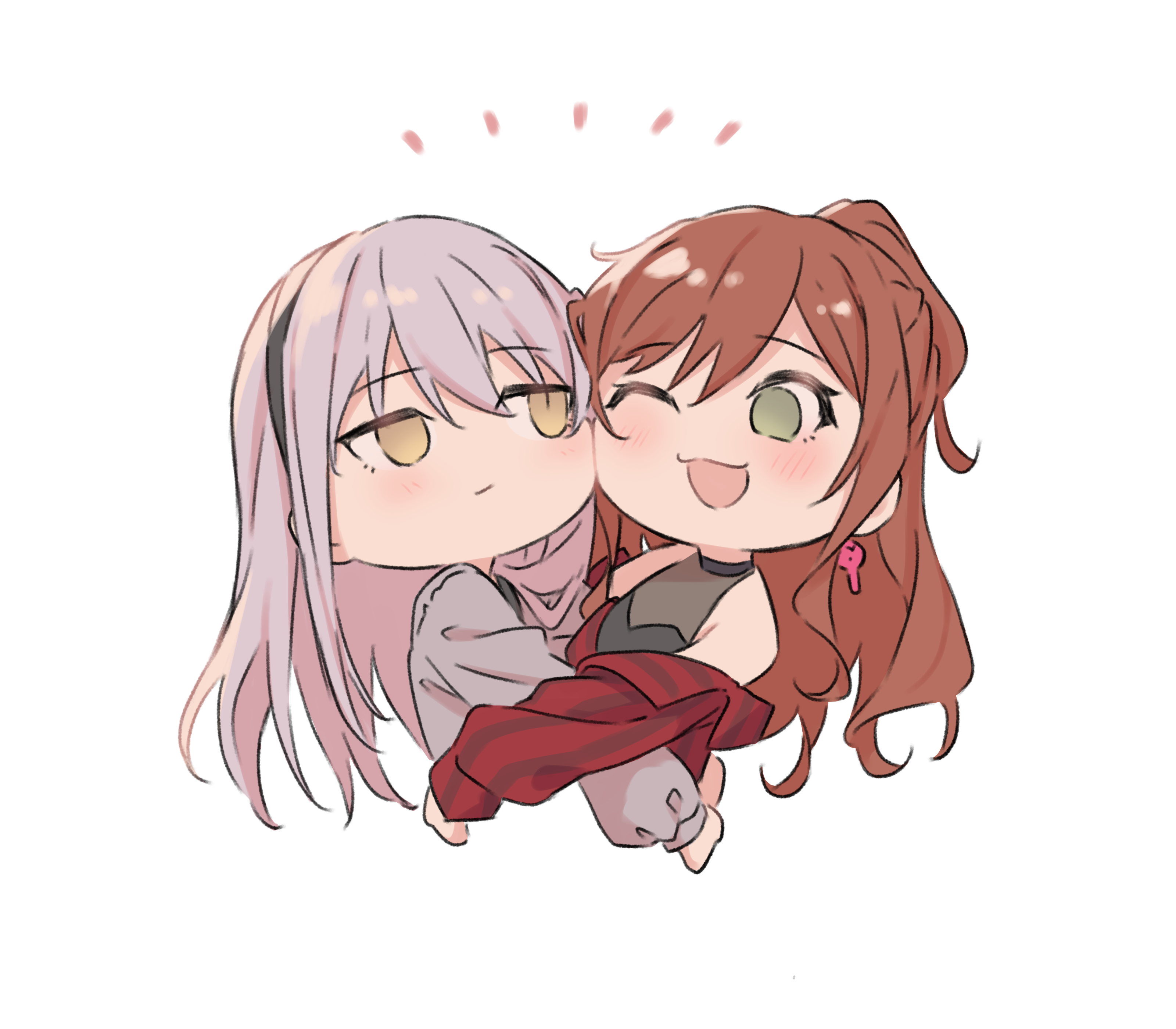 kanade (kanade 3344), imai lisa, minato yukina, bang dream!, absurdres, commentary request, highres, 2girls, :3, black hairband, brown eyes, brown hair, cheek-to-cheek, earrings, green eyes, grey hair, grey shirt, hairband, half updo, heads together, hug, jewelry, long hair, multiple girls, off shoulder, one eye closed, open mouth, red shirt, shirt, simple background, white background, yuri