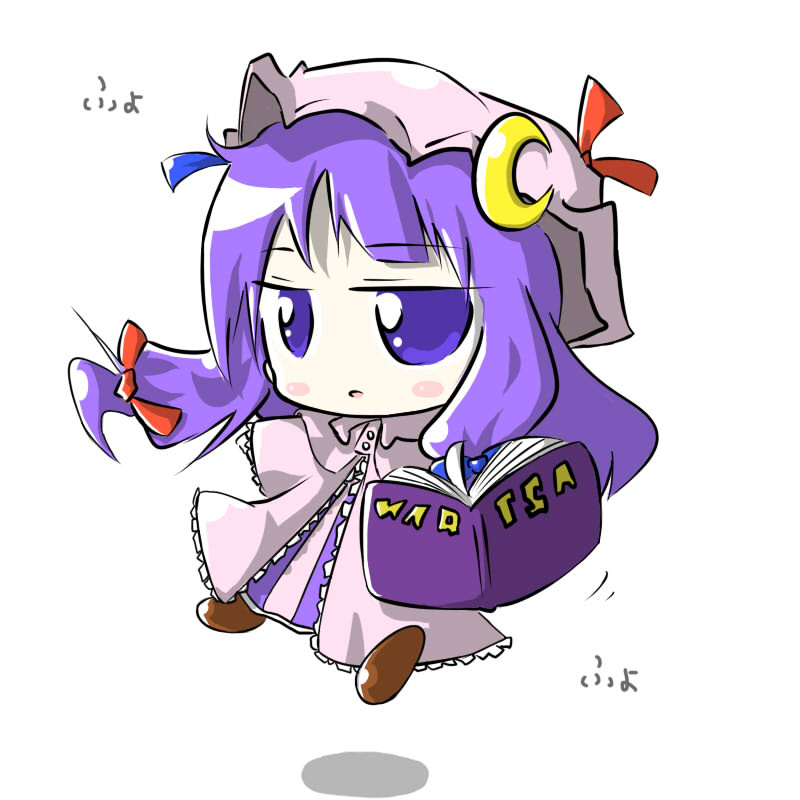 aoblue, patchouli knowledge, touhou, 1girl, book, chibi, female focus, full body, simple background, solo, white background