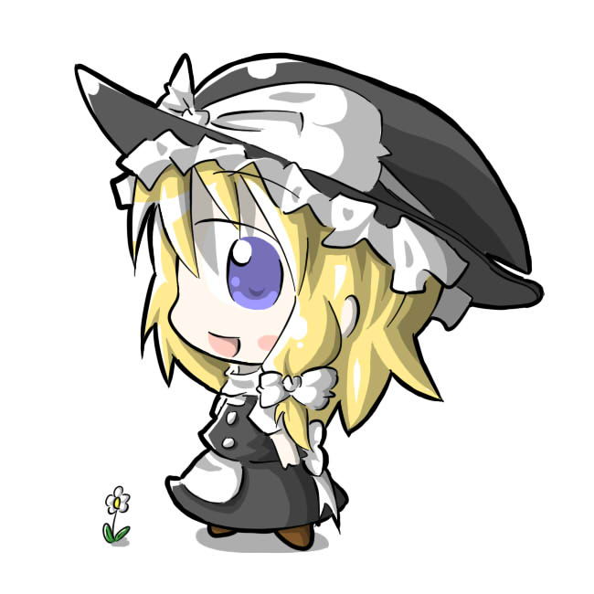 aoblue, kirisame marisa, touhou, 1girl, chibi, female focus, flower, full body, hat, plant, simple background, skirt, solo, white background, witch, witch hat