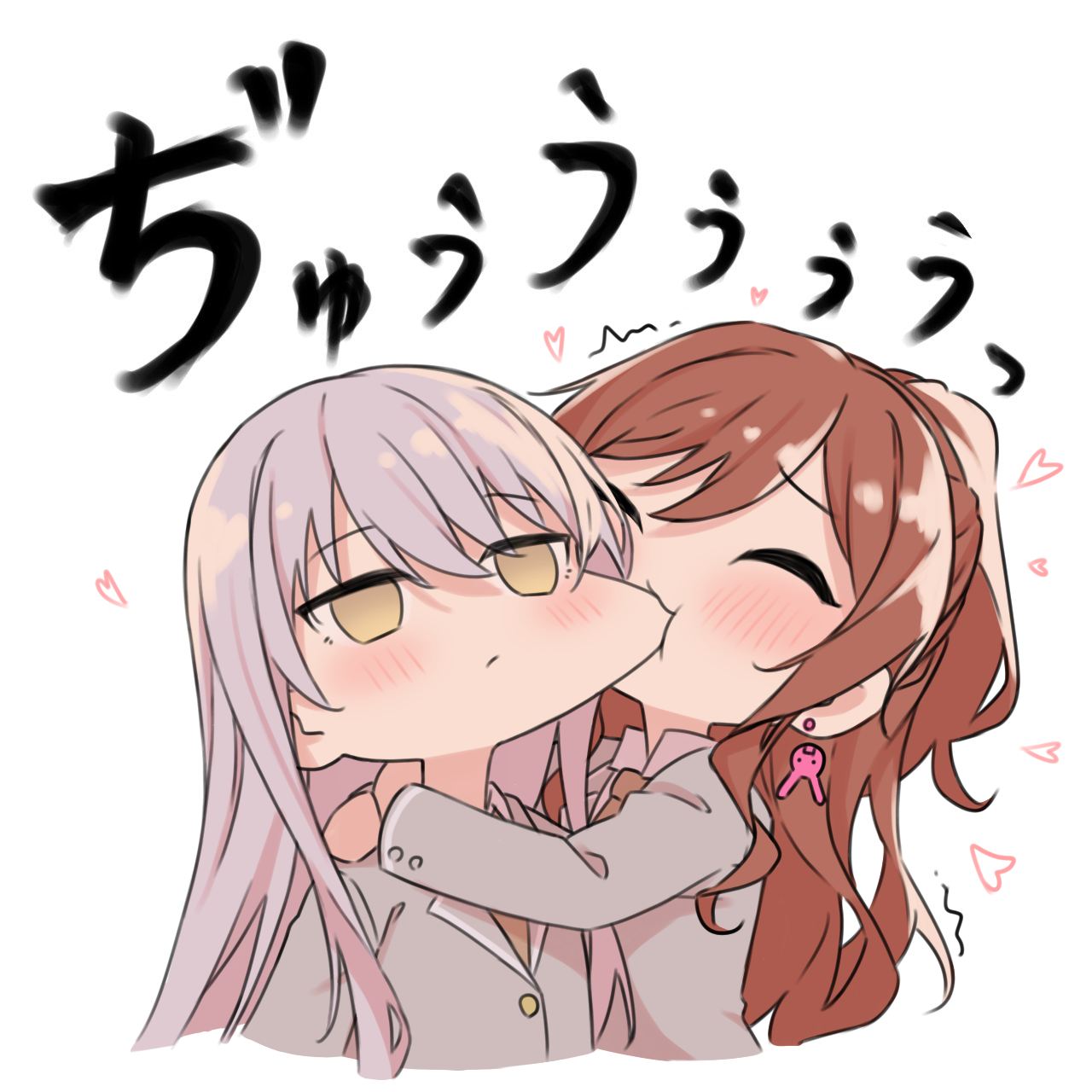 kanade (kanade 3344), imai lisa, minato yukina, bang dream!, commentary request, highres, 2girls, blush, brown hair, brown necktie, closed mouth, earrings, half updo, haneoka school uniform, heart, jewelry, long hair, long sleeves, multiple girls, necktie, school uniform, sidelocks, simple background, white background, yellow eyes, yuri