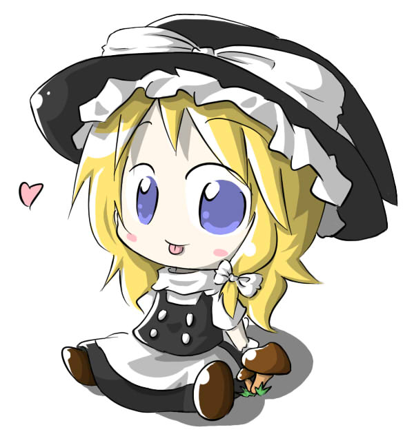 aoblue, kirisame marisa, touhou, 1girl, :p, chibi, female focus, full body, hat, mushroom, plant, simple background, skirt, solo, tongue, tongue out, white background