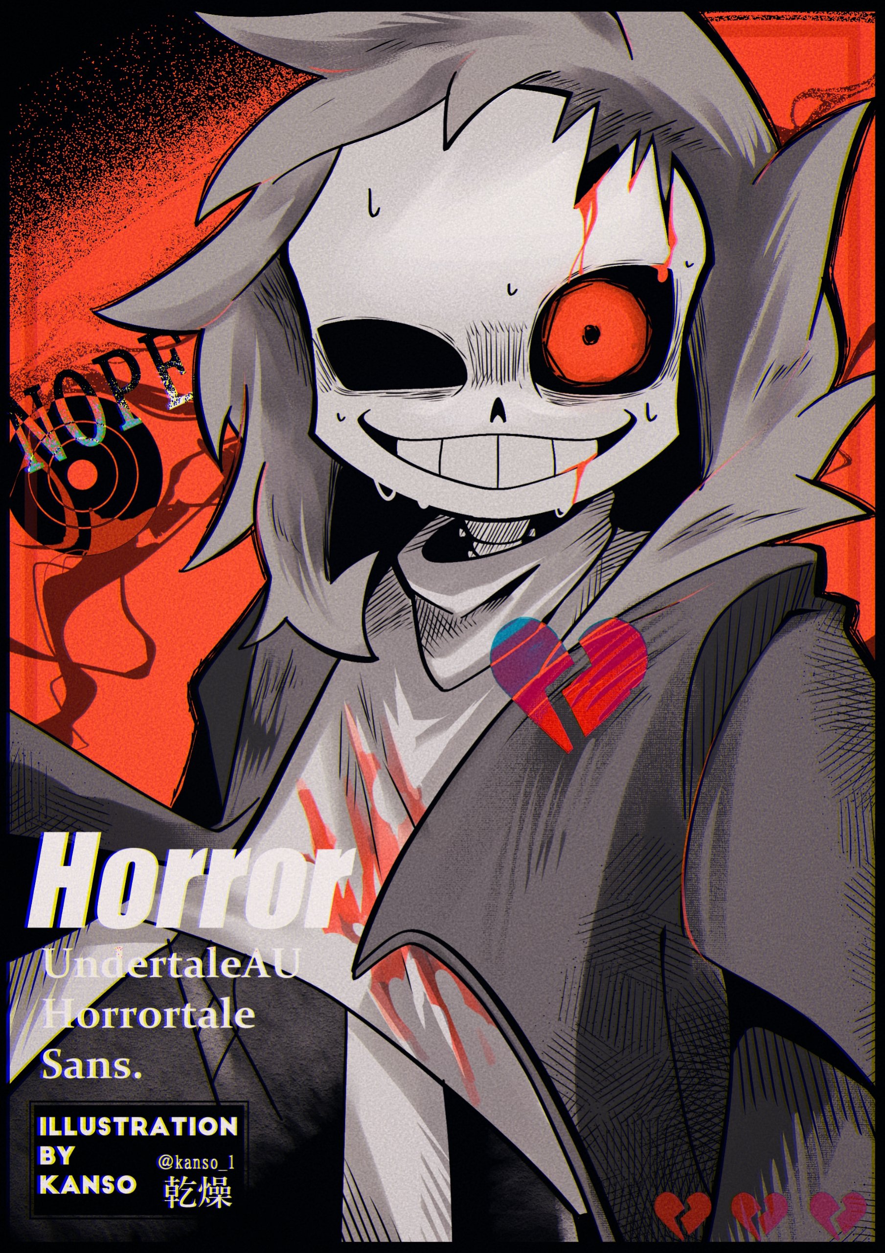 kansou (kanso 1), sans (undertale), soul (deltarune), horrortale, undertale, utdr (toby fox), absurdres, bad id, bad pixiv id, highres, inactive account, 1boy, :d, alternate universe, black border, blood, blood from mouth, border, broken heart, character name, chromatic aberration, copyright name, cowboy shot, crosshatching, film grain, fur-trimmed jacket, fur trim, grin, hatching (texture), heart, hood, hood up, hooded jacket, jacket, male focus, open clothes, open jacket, open mouth, pants, partially colored, red background, red eyes, simple background, skeleton, smile, standing, sweat, sweater, turtleneck, turtleneck sweater, twitter username, uneven eyes, watermark