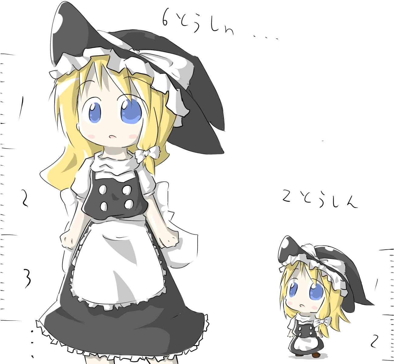 aoblue, kirisame marisa, touhou, highres, 1girl, blonde hair, blue eyes, blush, chibi, comparison, female focus, hat, height difference, long hair, no pupils, open mouth, sketch, solo, standing, white background, witch hat