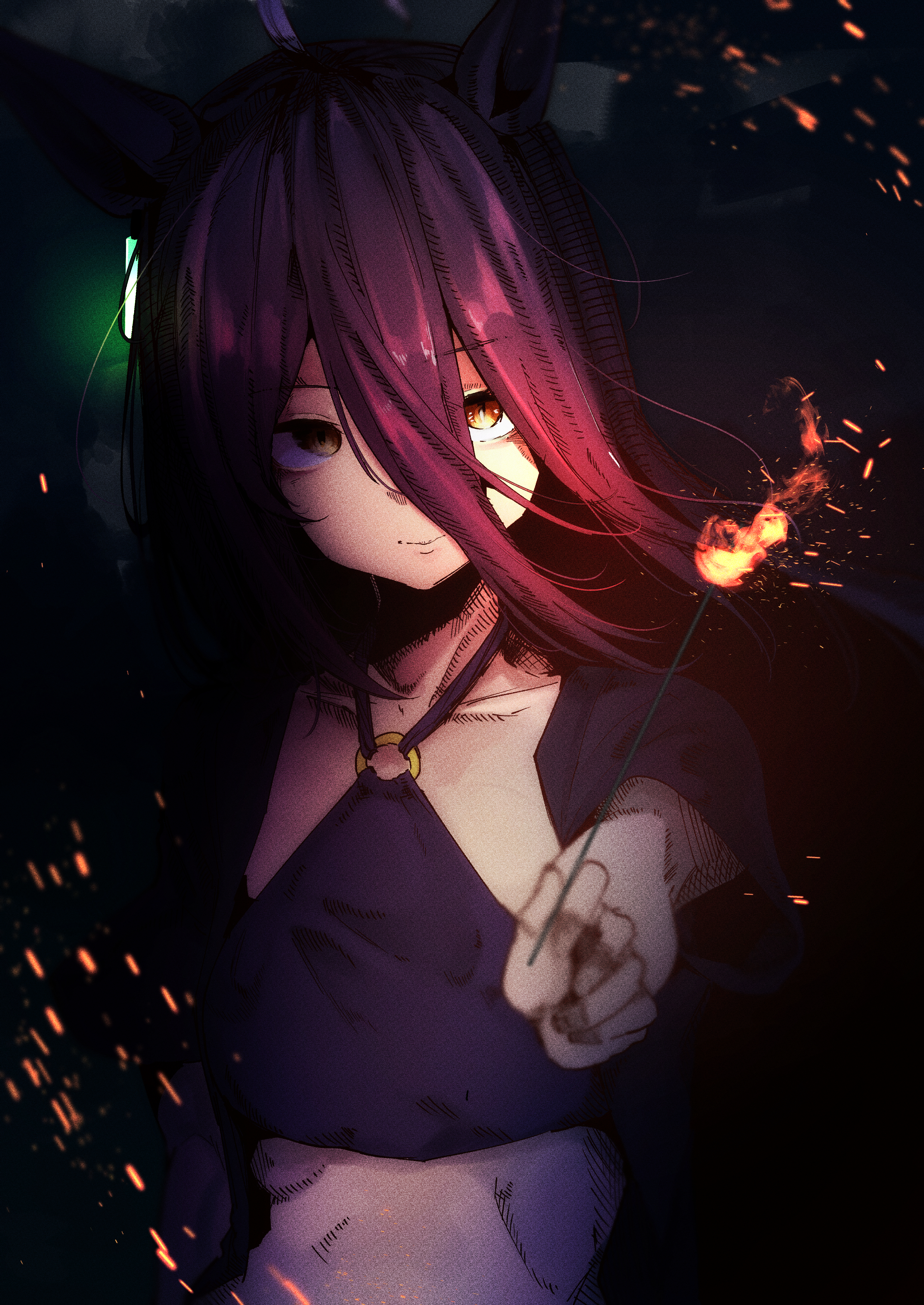 gorioshi0802, manhattan cafe (umamusume), umamusume, absurdres, highres, 1girl, ahoge, animal ears, black hair, black shirt, closed mouth, collarbone, crop top, ear tag, fireworks, hair between eyes, hand up, holding, holding fireworks, horse ears, horse girl, long hair between eyes, looking at viewer, multicolored hair, shirt, short sleeves, smile, solo, sparkler, white hair, yellow eyes