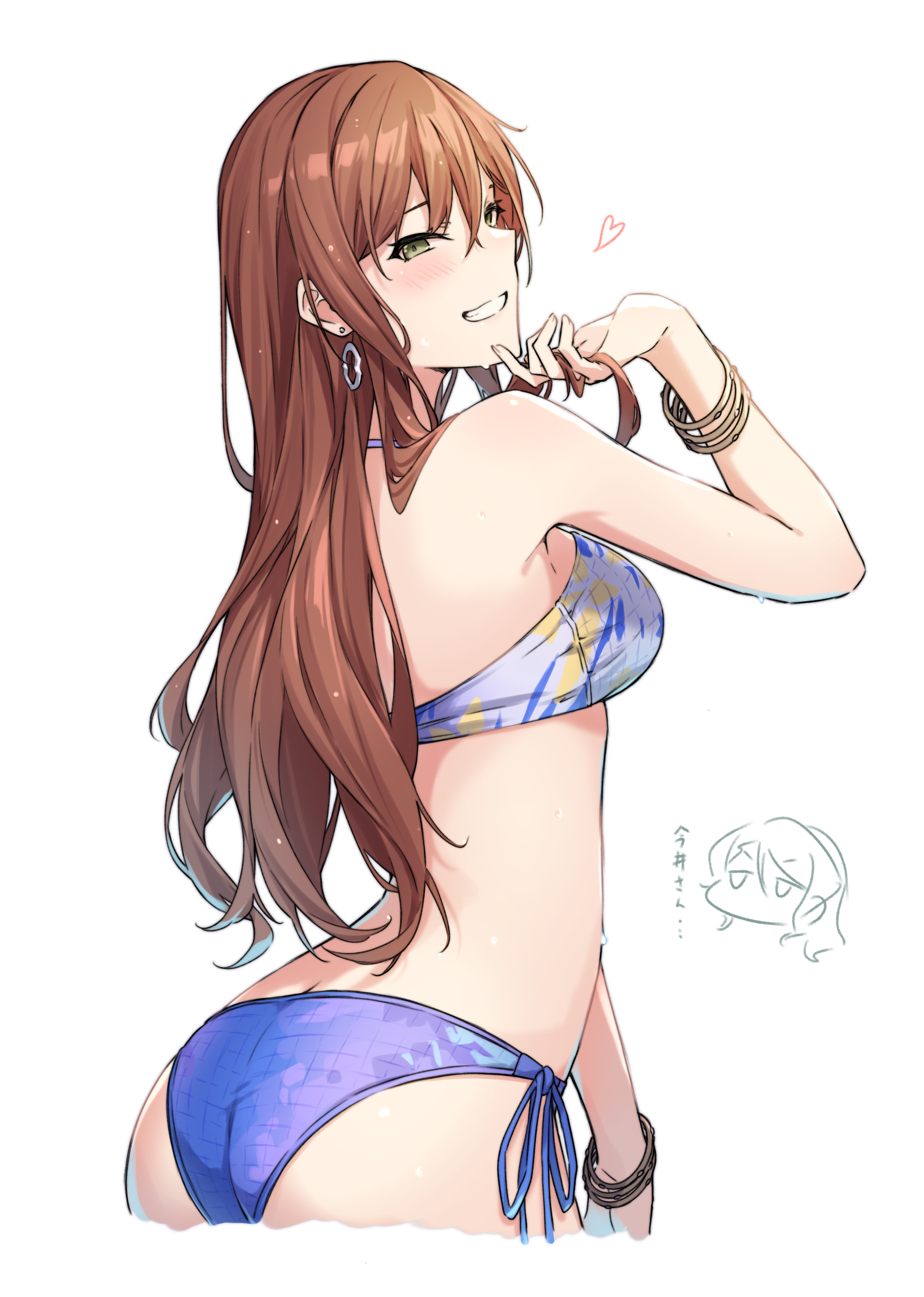 kanade (kanade 3344), hikawa sayo, imai lisa, bang dream!, absurdres, commentary request, highres, translated, 1girl, arched back, ass, back, bangle, bare shoulders, bikini, bracelet, breasts, brown hair, butt crack, cropped legs, earrings, floral print, green eyes, grin, hair between eyes, heart, holding, holding own hair, jewelry, long hair, looking at viewer, looking to the side, medium breasts, multicolored bikini, side-tie bikini bottom, sidelocks, simple background, smile, solo, swept bangs, swimsuit, wet, white background