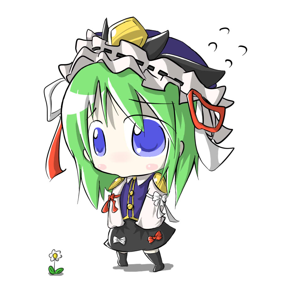 aoblue, shiki eiki, touhou, 1girl, asymmetrical clothes, blue eyes, blush stickers, chibi, female focus, flower, full body, plant, simple background, solo, standing, thighhighs, white background