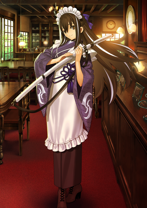 takeuchi takashi, fate/grand order, fate (series), game cg, official art, third-party source, 1girl, apron, black hair, breasts, brown eyes, closed mouth, floating hair, full body, hair between eyes, head tilt, holding, holding sheath, holding sword, holding weapon, indoors, japanese clothes, katana, kawakami gensai (fate), kimono, long hair, long sleeves, looking at viewer, maid headdress, medium breasts, multicolored hair, purple kimono, sheath, sheathed, sidelocks, smile, solo, standing, streaked hair, sword, two-tone hair, weapon, white apron, wide sleeves
