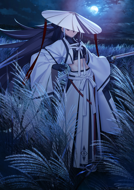 takeuchi takashi, fate/grand order, fate (series), game cg, official art, third-party source, 1girl, black gloves, black hair, blue theme, breasts, closed mouth, cloud, covered eyes, full body, gloves, hand up, hat, holding, holding sword, holding weapon, japanese clothes, katana, kawakami gensai (fate), long hair, looking at viewer, medium breasts, midriff, multicolored hair, night, outdoors, ponytail, sandals, solo, standing, streaked hair, sword, two-tone hair, weapon, white hat