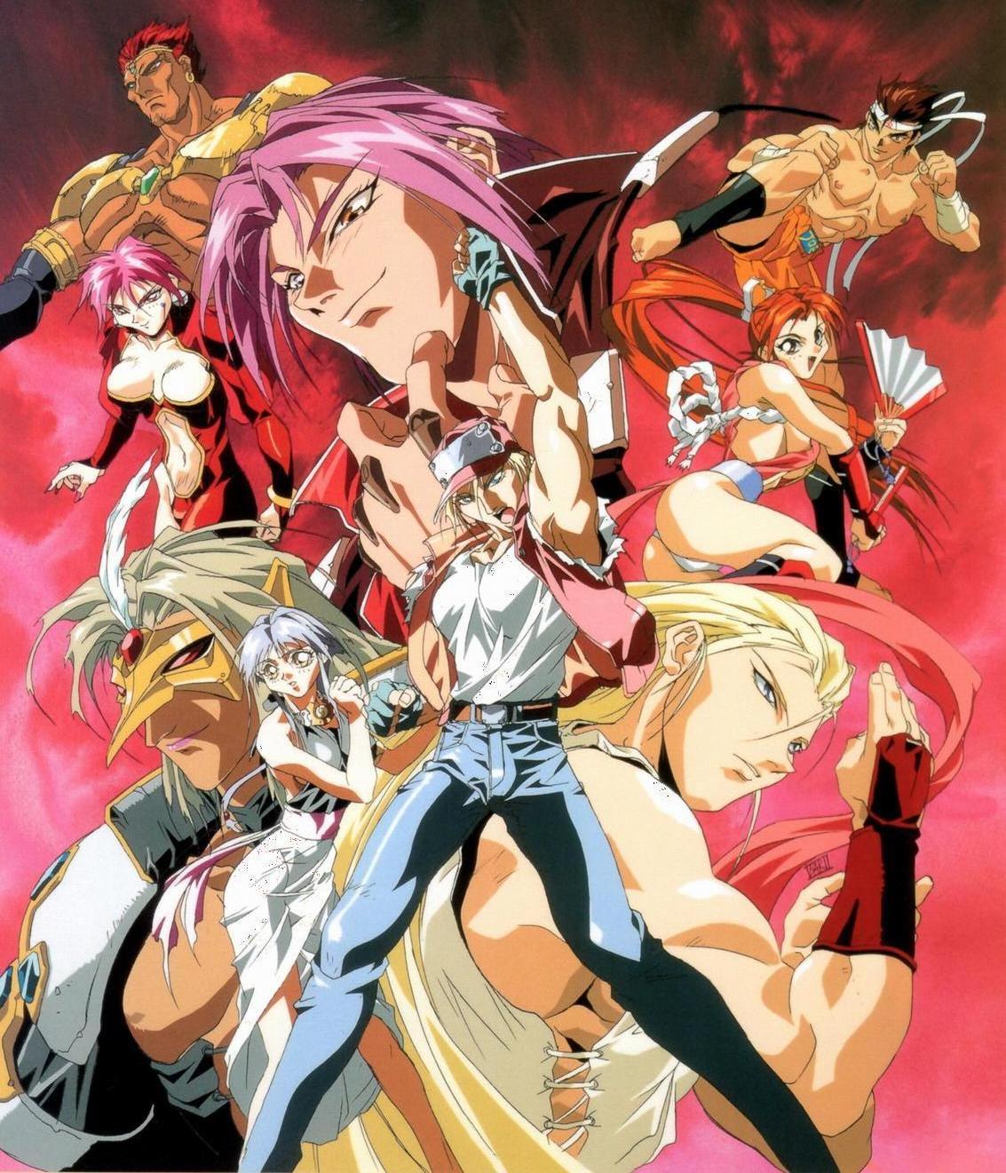 oobari masami, andy bogard, hauer, jamin, joe higashi, laocorn gaudeamus, panni (fatal fury), shiranui mai, sulia gaudeamus, terry bogard, fatal fury, fatal fury: the motion picture, snk, highres, official art, 1990s (style), 3girls, 6+boys, armor, ass, breasts, brown hair, grey hair, hachimaki, hand fan, headband, martial arts, mask, multiple boys, multiple girls, panties, pink hair, poster (medium), purple hair, red hair, retro artstyle, sideboob, tan, thong, underwear