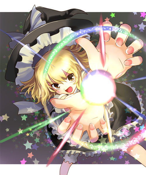 katahira masashi, kirisame marisa, dragon ball, touhou, light, >:), 1girl, :d, aura, blonde hair, brown eyes, female focus, fingernails, foreshortening, hat, magic, master spark, nail polish, open mouth, parody, photokinesis, pink nails, smile, solo, star (symbol), v-shaped eyebrows, witch, witch hat, yellow eyes