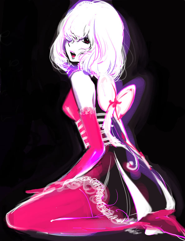 yokoyari mengo, bad id, bad pixiv id, corset, gloves, kneeling, red eyes, solo, thighhighs, white hair
