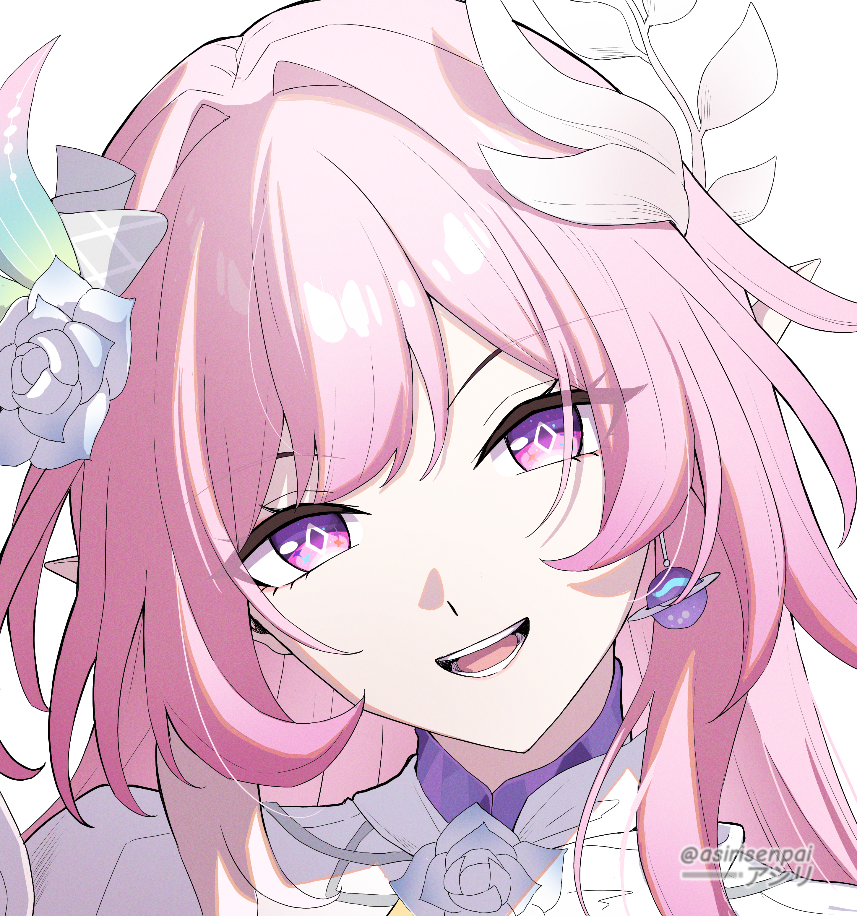 asiri senpai, cyrene (honkai: star rail), cyrene (ripples of past reverie) (honkai: star rail), honkai: star rail, honkai (series), absurdres, commentary, highres, 1girl, adapted costume, diamond-shaped pupils, diamond (shape), flower, hair flower, hair ornament, long hair, looking at viewer, open mouth, pink hair, pointy ears, portrait, purple eyes, sidelocks, simple background, smile, solo, symbol-shaped pupils, twitter username, white background