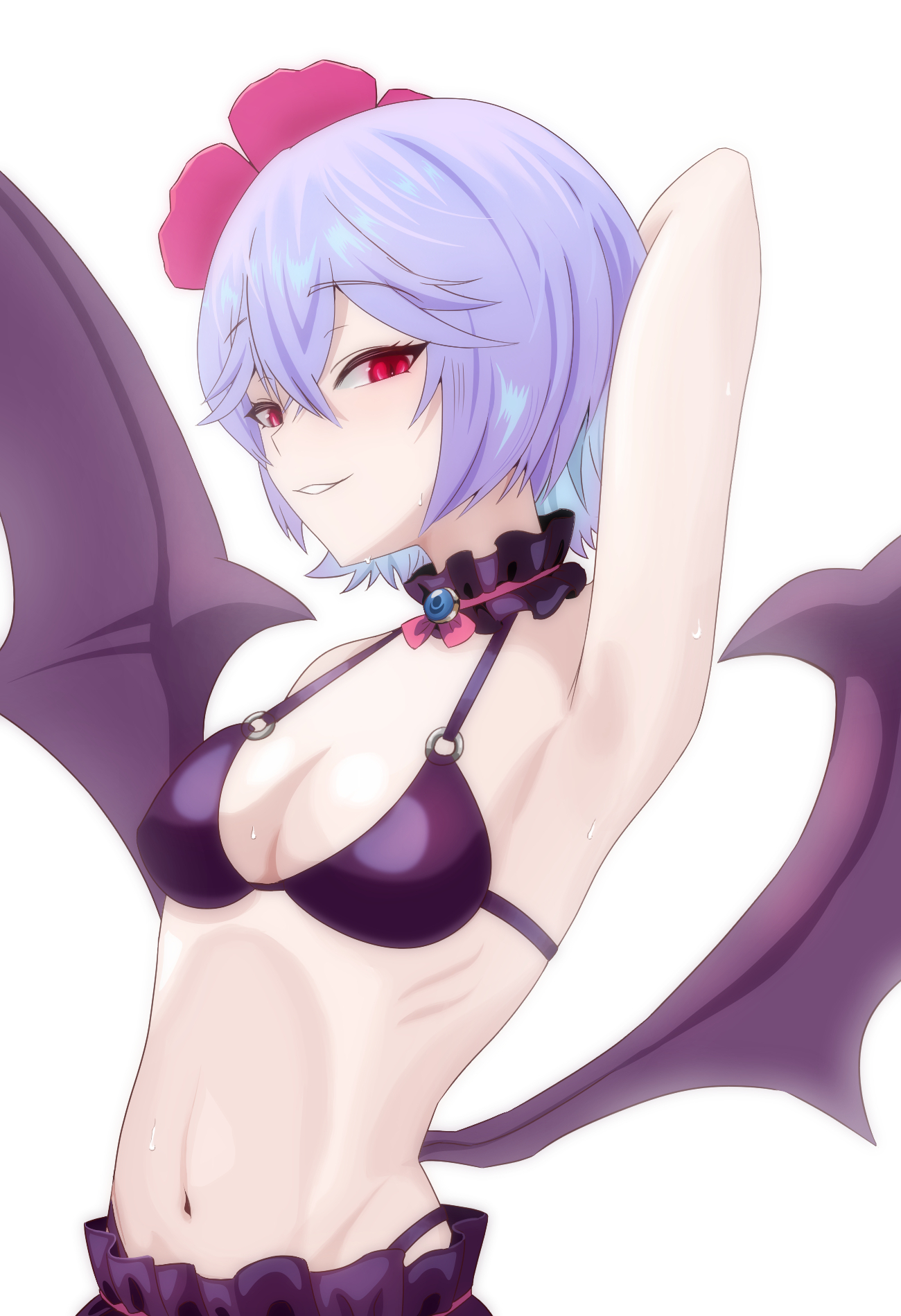 merihari07, remilia scarlet, touhou, highres, 1girl, armpits, bat wings, bikini, black bikini, breasts, choker, cleavage, flower, frilled choker, frills, grin, hair between eyes, hair flower, hair ornament, looking at viewer, navel, parted lips, pink flower, purple hair, red eyes, short hair, simple background, small breasts, smile, solo, sweatdrop, swimsuit, white background, wings