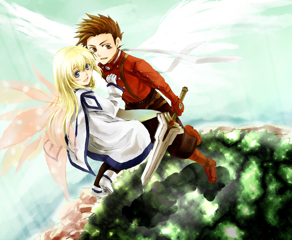 shion (kizuro), colette brunel, lloyd irving, tales of (series), tales of symphonia, bad id, bad pixiv id, spoilers, 00s, 1boy, 1girl, blonde hair, blue eyes, brown eyes, brown hair, long hair, pantyhose, red shirt, shirt, sword, weapon, wings