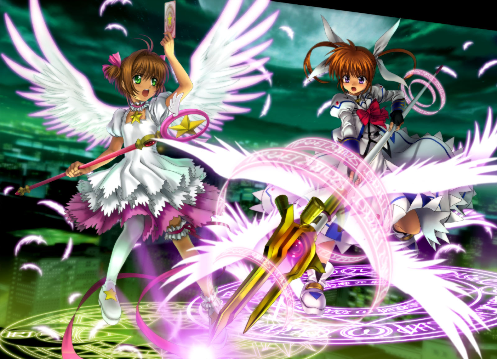 mutsuki (moonknives), kinomoto sakura, kinomoto sakura (astral sakura), raising heart, raising heart (buster mode), takamachi nanoha, takamachi nanoha (sacred mode), cardcaptor sakura, kodansha, lyrical nanoha, magical battle arena, mahou shoujo lyrical nanoha, mahou shoujo lyrical nanoha a's, seven arcs, highres, 00s, 1990s (style), 2girls, blush, bow, brown hair, child, crossover, dress, frilled thigh strap, green eyes, hoshi no tsue, magical girl, multiple girls, night, purple eyes, retro artstyle, staff, thigh strap, thighhighs, twintails, wings