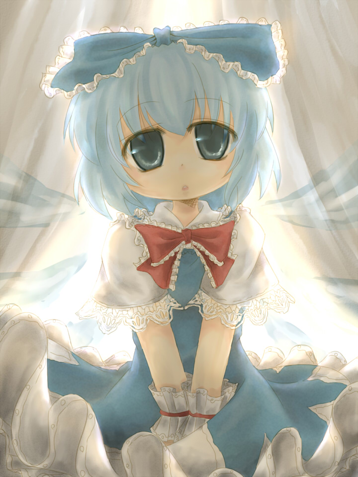 misaka tsumugi, cirno, embodiment of scarlet devil, touhou, bad id, bad pixiv id, 1girl, blue hair, dress, female focus, indoors, ribbon, short hair, solo, wings