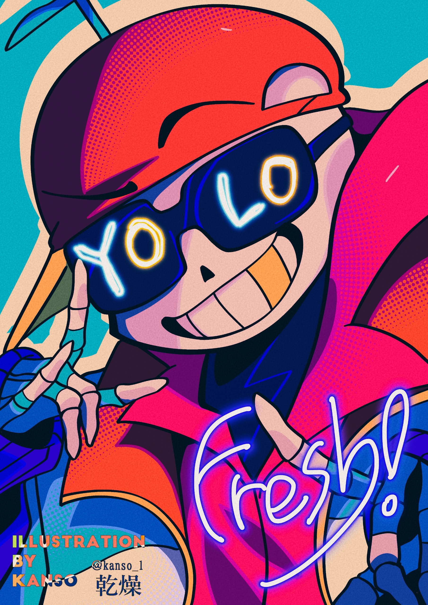 kansou (kanso 1), sans (undertale), undertale, utdr (toby fox), absurdres, bad id, bad pixiv id, highres, inactive account, 1boy, :d, alternate universe, aqua background, aqua gloves, baseball cap, blue jacket, facing viewer, film grain, fingerless gloves, gloves, gold teeth, grin, halftone, hands up, hat, jacket, male focus, open clothes, open jacket, open mouth, outline, pink shirt, raised eyebrow, red hat, shirt, sideways hat, simple background, skeleton, smile, sunglasses, twitter username, upper body, watermark, white outline