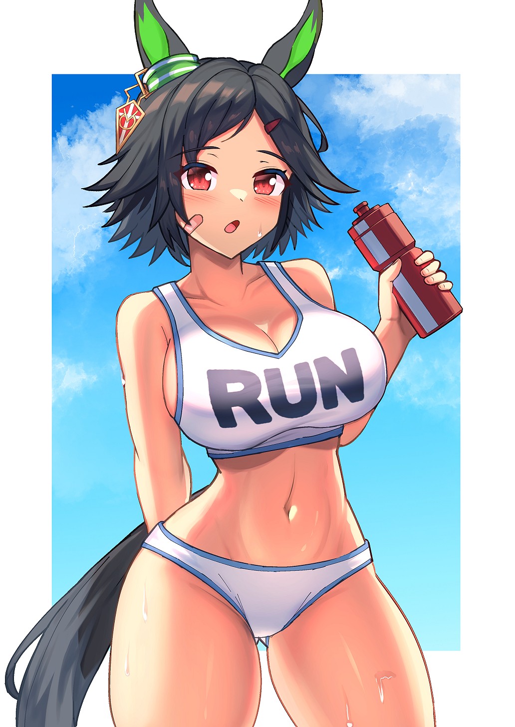 yuutopia, winning ticket (umamusume), umamusume, commentary request, highres, revision, 1girl, animal ears, bandaid, bandaid on cheek, bandaid on face, bikini, black hair, blue sky, blush, border, bottle, breasts, cleavage, cowboy shot, day, gluteal fold, hair between eyes, holding, holding bottle, horse ears, horse girl, horse tail, large breasts, open mouth, outdoors, outside border, red eyes, short hair, sky, solo, sweat, swimsuit, tail, water bottle, white bikini, white border