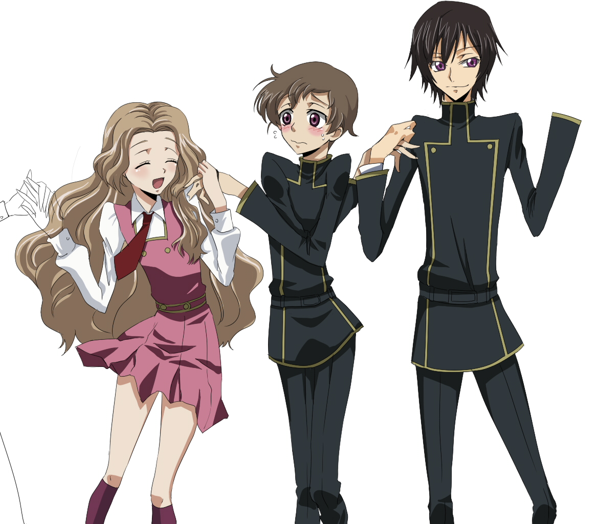 freckle, furekuru (freckle), lelouch vi britannia, nunnally vi britannia, rolo lamperouge, code geass, bad id, bad pixiv id, 00s, 1girl, 2boys, :d, ^ ^, black hair, brown hair, closed eyes, dress, long sleeves, looking at viewer, military, military uniform, multiple boys, open mouth, pink dress, purple eyes, simple background, smile, white background