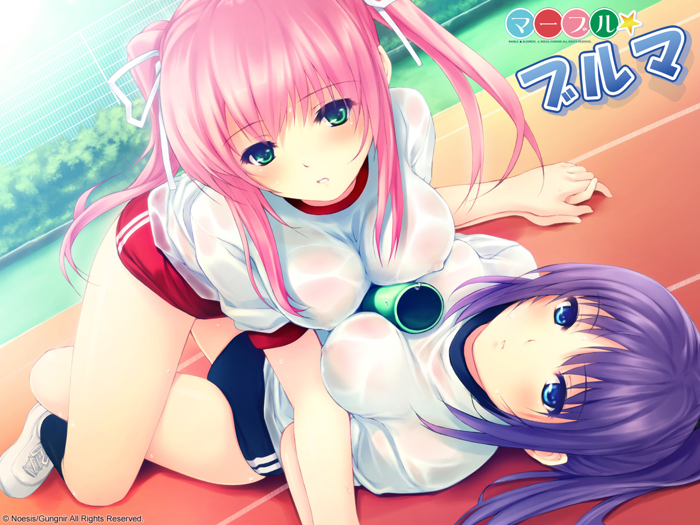 coffee-kizoku, asagiri luna, narikawa saki, galge.com, marble bloomers, 2girls, blue eyes, breast press, breasts, buruma, day, green eyes, gym uniform, hair ribbon, holding hands, large breasts, long hair, lying, multiple girls, pink hair, purple hair, relay baton, ribbon, see-through clothes, socks, sweat, symmetrical docking, track and field, twintails, wet, yuri