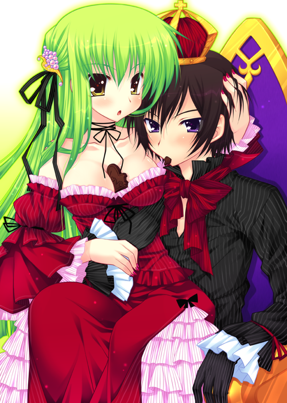 araiguma, c.c., lelouch vi britannia, code geass, bad id, bad pixiv id, 00s, 1boy, 1girl, between breasts, breasts, chocolate, cleavage, crown, detached sleeves, green hair, hair ribbon, hat, large breasts, long hair, red crown, ribbon, sitting, yellow eyes