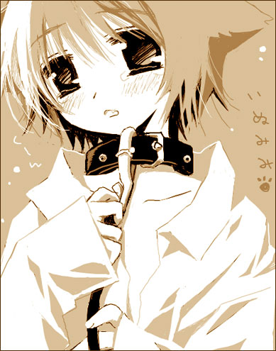 sakurazawa izumi, hinata (pure pure), pure pure, lowres, 1girl, animal ears, collar, dog ears, dress shirt, female focus, leash, monochrome, oekaki, open clothes, open shirt, shirt, short hair, slave, solo, tears