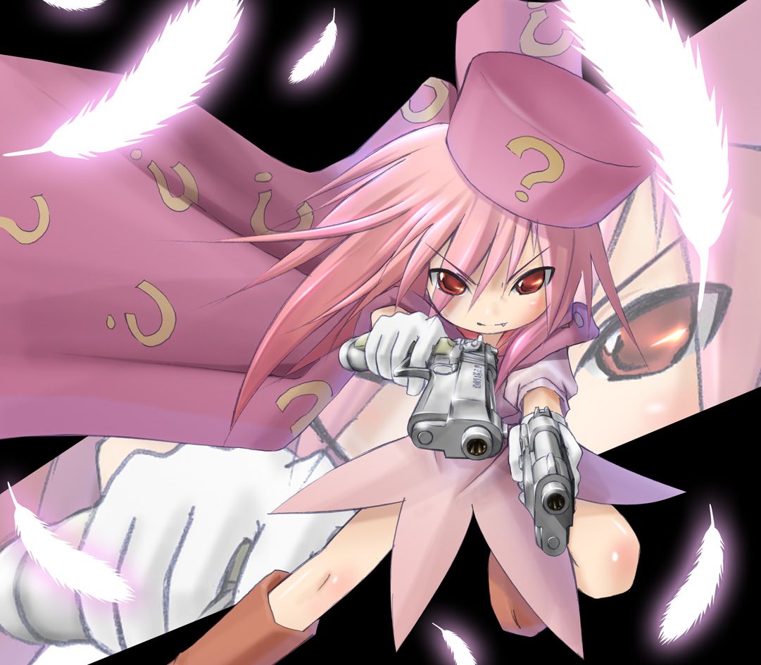 hatena yousei, benesse, 1girl, ?, cape, dual wielding, fang, feathers, female focus, gun, handgun, hat, holding, pink hair, pink hat, pistol, red eyes, solo, weapon