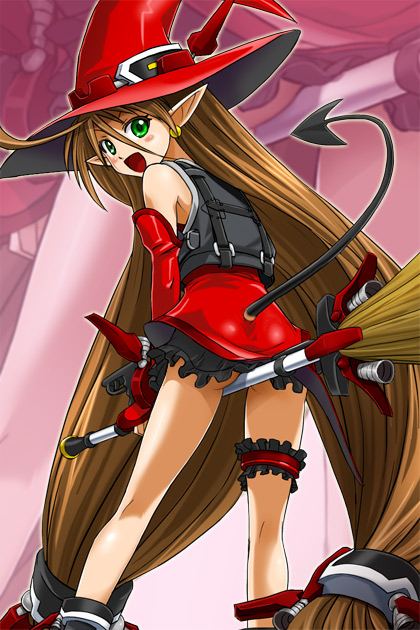 haruyama kazunori, kyon feulion, banpresto, super robot wars, super robot wars og saga mugen no frontier, 1girl, back, broom, brown hair, demon tail, earrings, elbow gloves, female focus, frilled thigh strap, gloves, green eyes, hat, jewelry, long hair, looking back, pointy ears, solo, tail, thigh strap, very long hair, witch hat, zoom layer