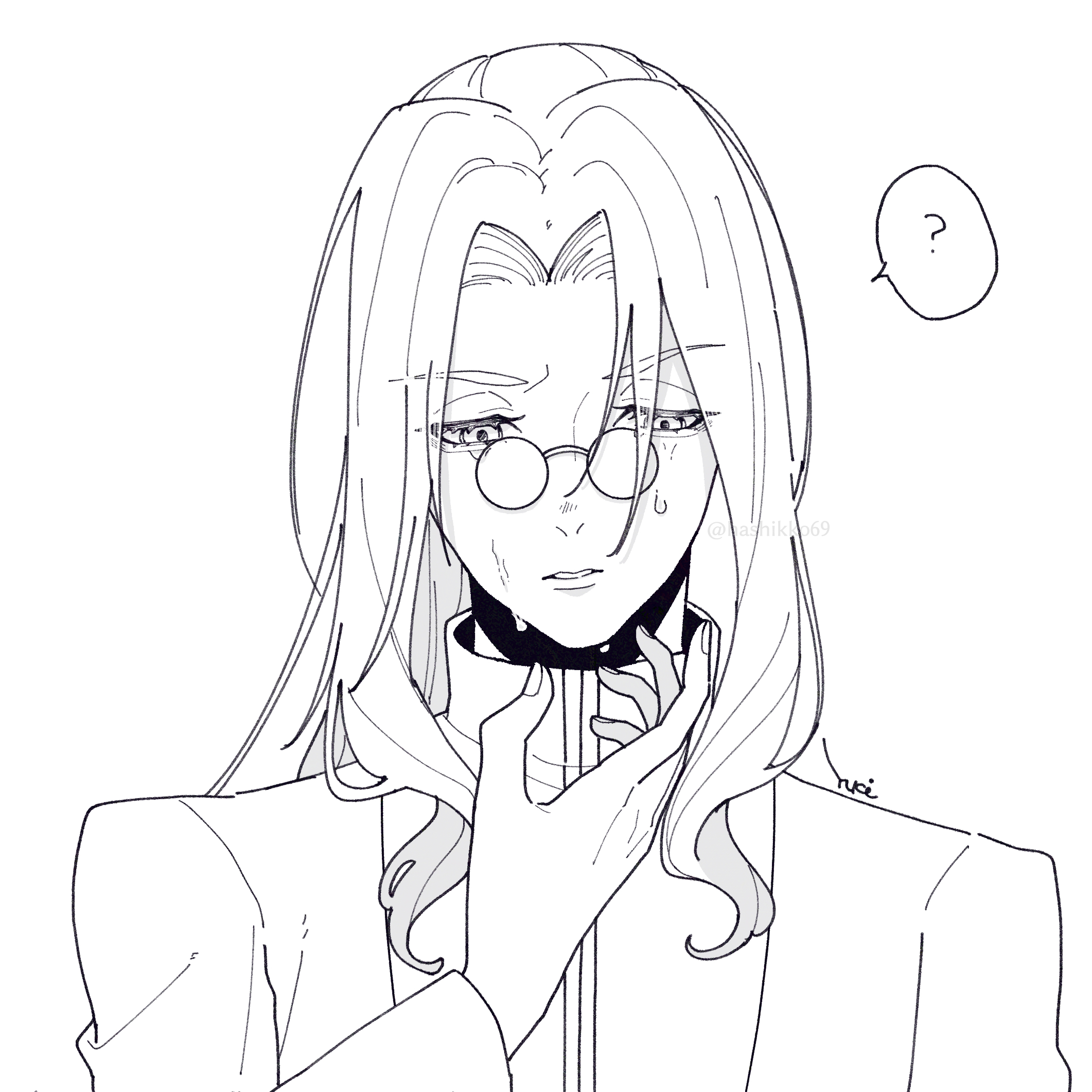 yukinari kakuri, michael roa valdamjong, michael roa valdamjong (human), tsukihime, highres, 1boy, ?, confused, glasses, groin, hair between eyes, hand on own chin, long hair, male focus, nervous sweating, priest, sweat, upper body, wavy hair