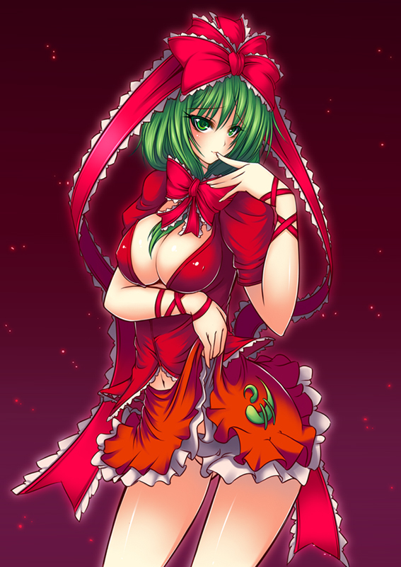 suzuneko (yume no kyoukai), kagiyama hina, touhou, 1girl, arm ribbon, blush, bow, breasts, cleavage, clothes lift, female focus, finger to mouth, front ponytail, green eyes, green hair, hair bow, hair ribbon, large bow, large breasts, matching hair/eyes, naughty face, navel, no panties, ribbon, skirt, skirt lift, solo