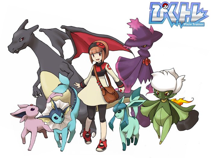 painame, charizard, espeon, glaceon, mismagius, roserade, vaporeon, nintendo, pixiv, pixiv trainer, pokemon, 1girl, alternate color, bag, brown hair, dragon, gen 1 pokemon, gen 2 pokemon, gen 4 pokemon, hairband, holding, holding poke ball, no feet, poke ball, pokemon (creature), red eyes, shiny pokemon, simple background, tail, walking, white background