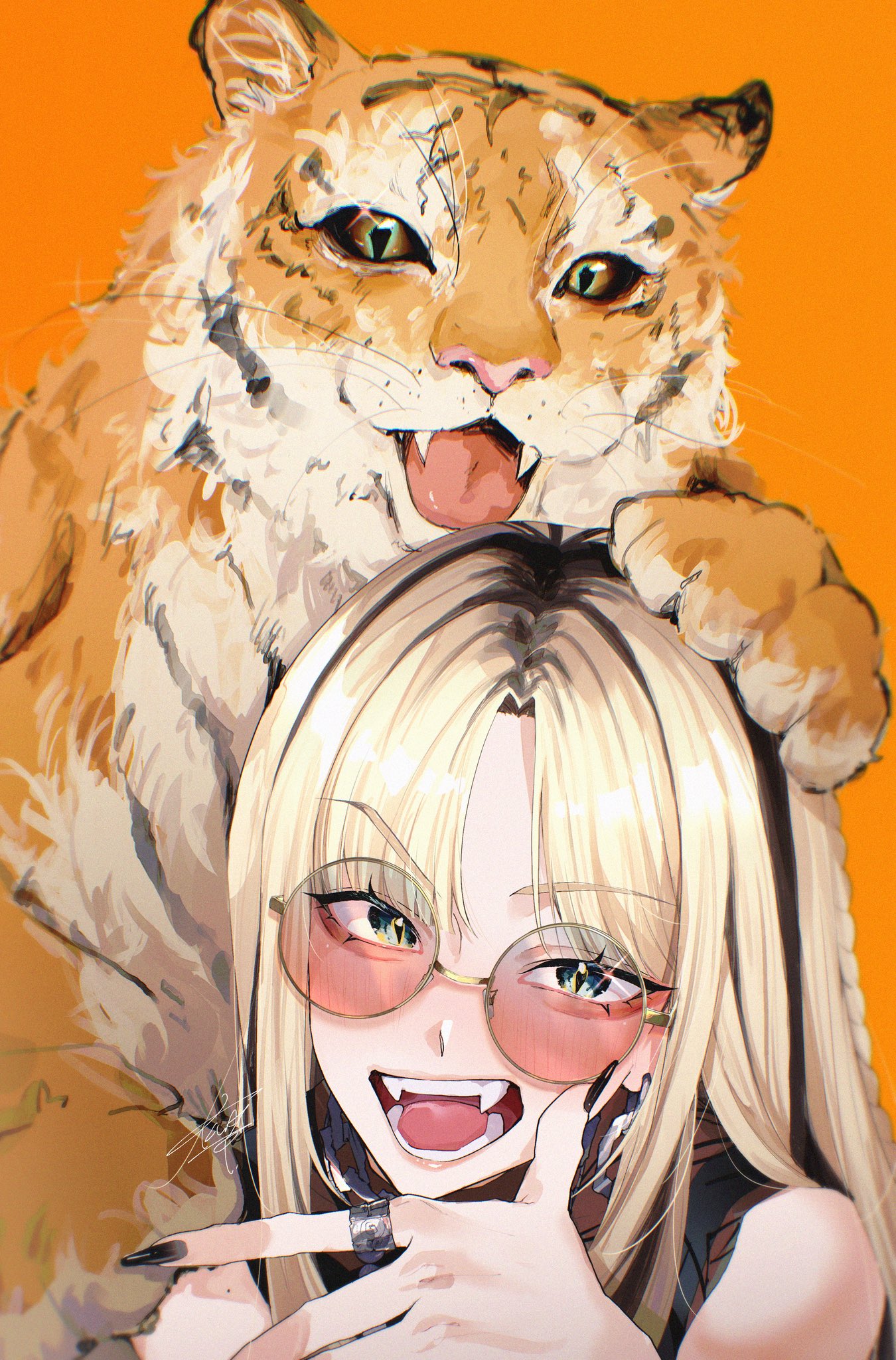 klai, koganei niko, hololive, hololive dev is, commentary request, highres, 1girl, animal, black hair, black nails, blonde hair, blue eyes, blush, fangs, fingernails, jewelry, long fingernails, long hair, looking at viewer, multicolored hair, nail polish, open mouth, orange-tinted eyewear, orange background, ring, round eyewear, simple background, slit pupils, solo, streaked hair, teeth, tiger, tinted eyewear, two-tone hair, virtual youtuber