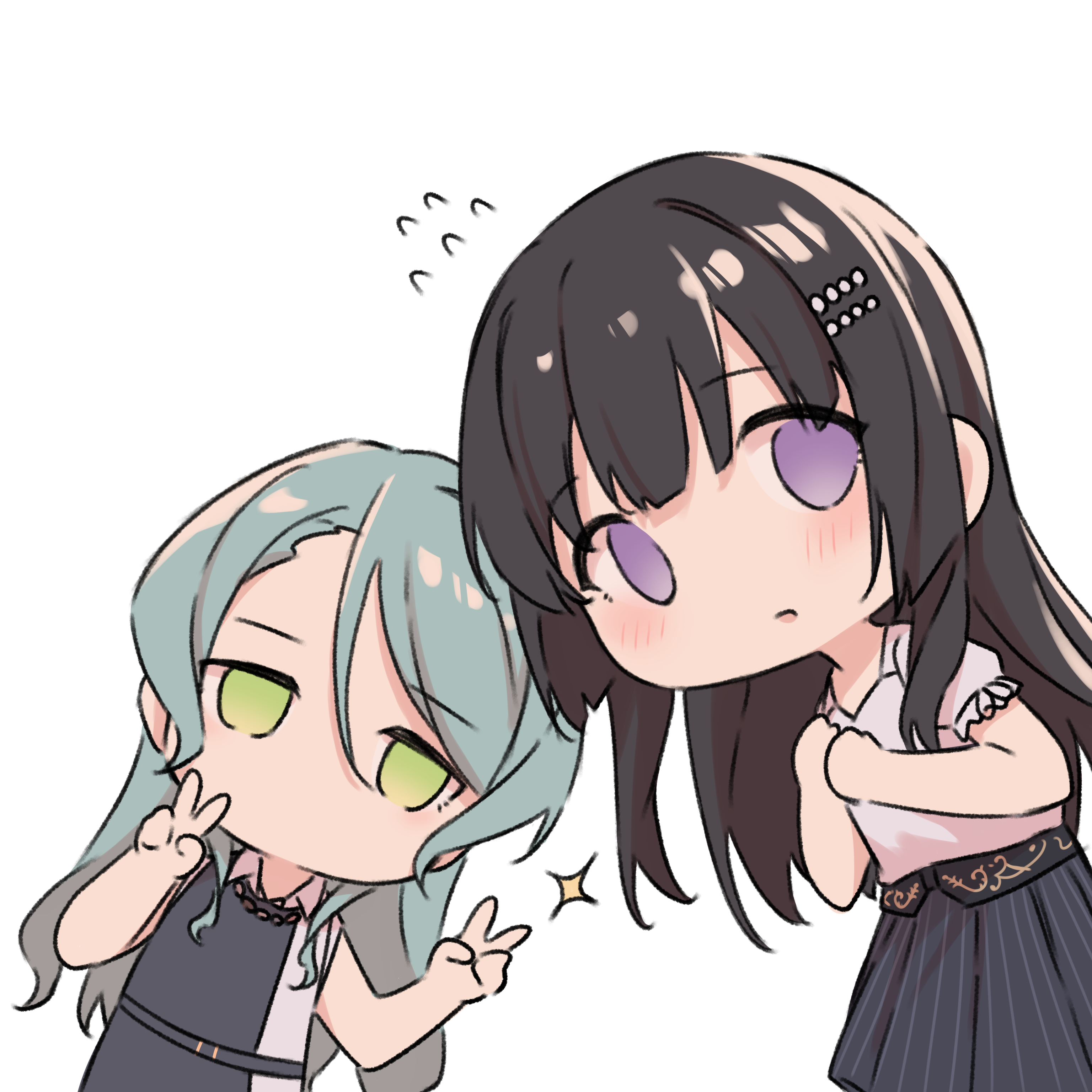 kanade (kanade 3344), hikawa sayo, shirokane rinko, bang dream!, absurdres, commentary request, highres, 2girls, aqua hair, black-framed eyewear, black hair, black skirt, blush, chibi, chibi only, double v, green eyes, hair ornament, hairclip, long hair, multiple girls, open mouth, parallel hairclips, pinstripe pattern, pinstripe skirt, purple eyes, shirt, short sleeves, sidelocks, simple background, skirt, sleeveless, v, white background, white shirt