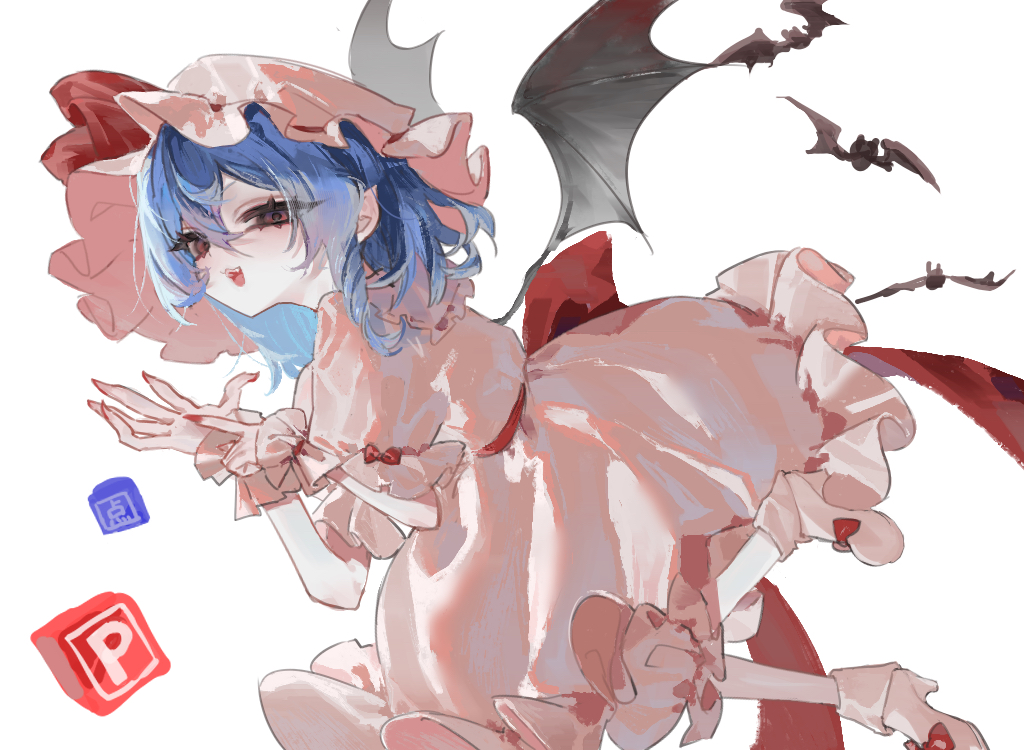remilia scarlet, touhou, 1girl, bat (animal), bat wings, capelet, dress, drill hair, drill sidelocks, fangs, fingernails, frilled capelet, frilled hat, frilled sleeves, frills, hair between eyes, hat, hat ribbon, looking at viewer, medium hair, mob cap, nail polish, open mouth, pink dress, pink hat, point item (touhou), power item (touhou), puffy short sleeves, puffy sleeves, purple hair, red eyes, red nails, red ribbon, ribbon, sharp fingernails, short sleeves, sidelocks, simple background, smile, solo, tume ama, waist ribbon, white background, wings, wrist cuffs