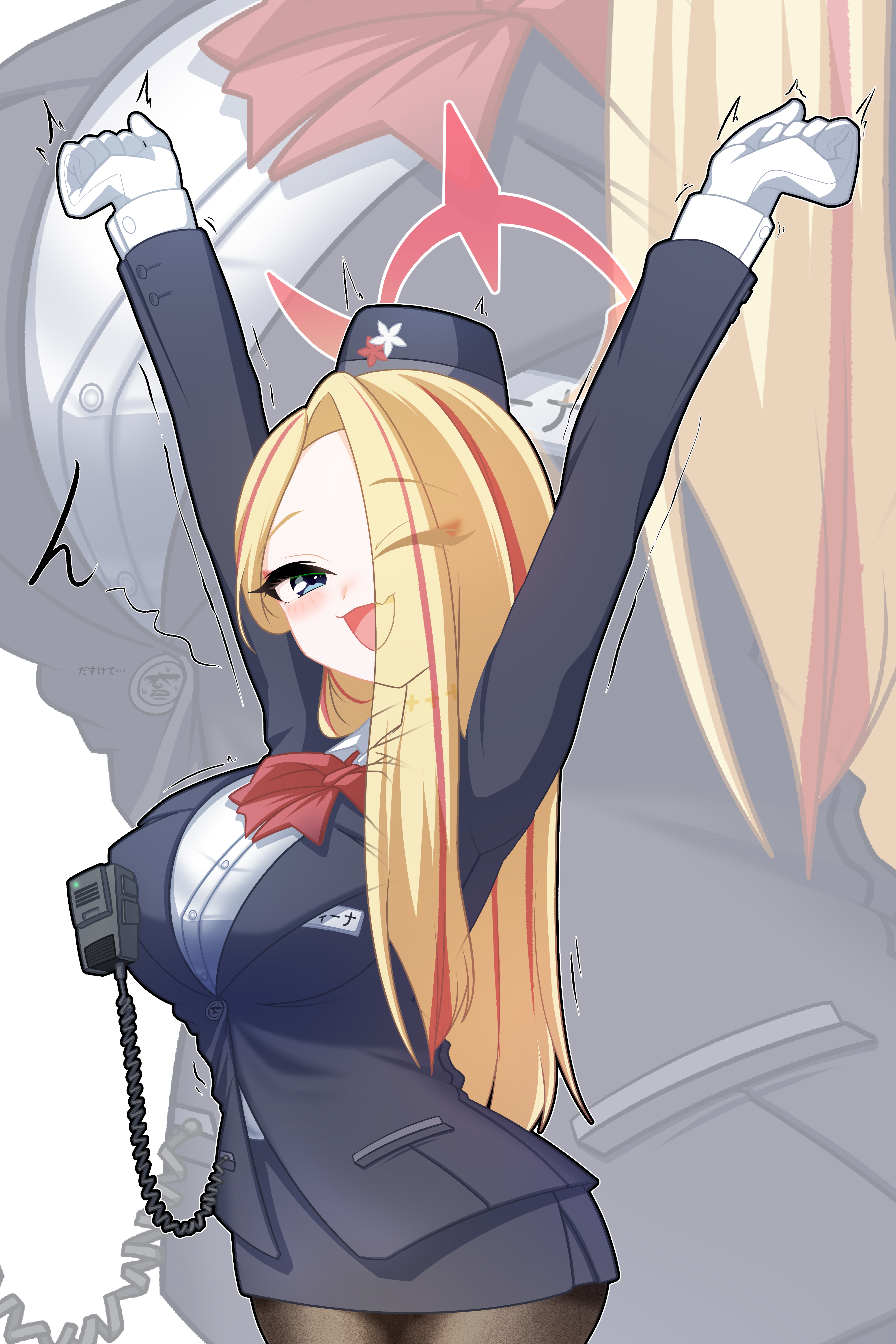 pina (blue archive), pina (guide) (blue archive), blue archive, absurdres, highres, 1girl, arms up, black hat, black pantyhose, blonde hair, bow, bowtie, breasts, fang, garrison cap, gloves, halo, hat, jungandang, large breasts, long hair, looking at viewer, official alternate costume, one eye closed, pantyhose, pencil skirt, red bow, red bowtie, red halo, skin fang, skirt, solo, stretching, tour guide, trembling, walkie-talkie, white gloves, winged halo, zoom layer