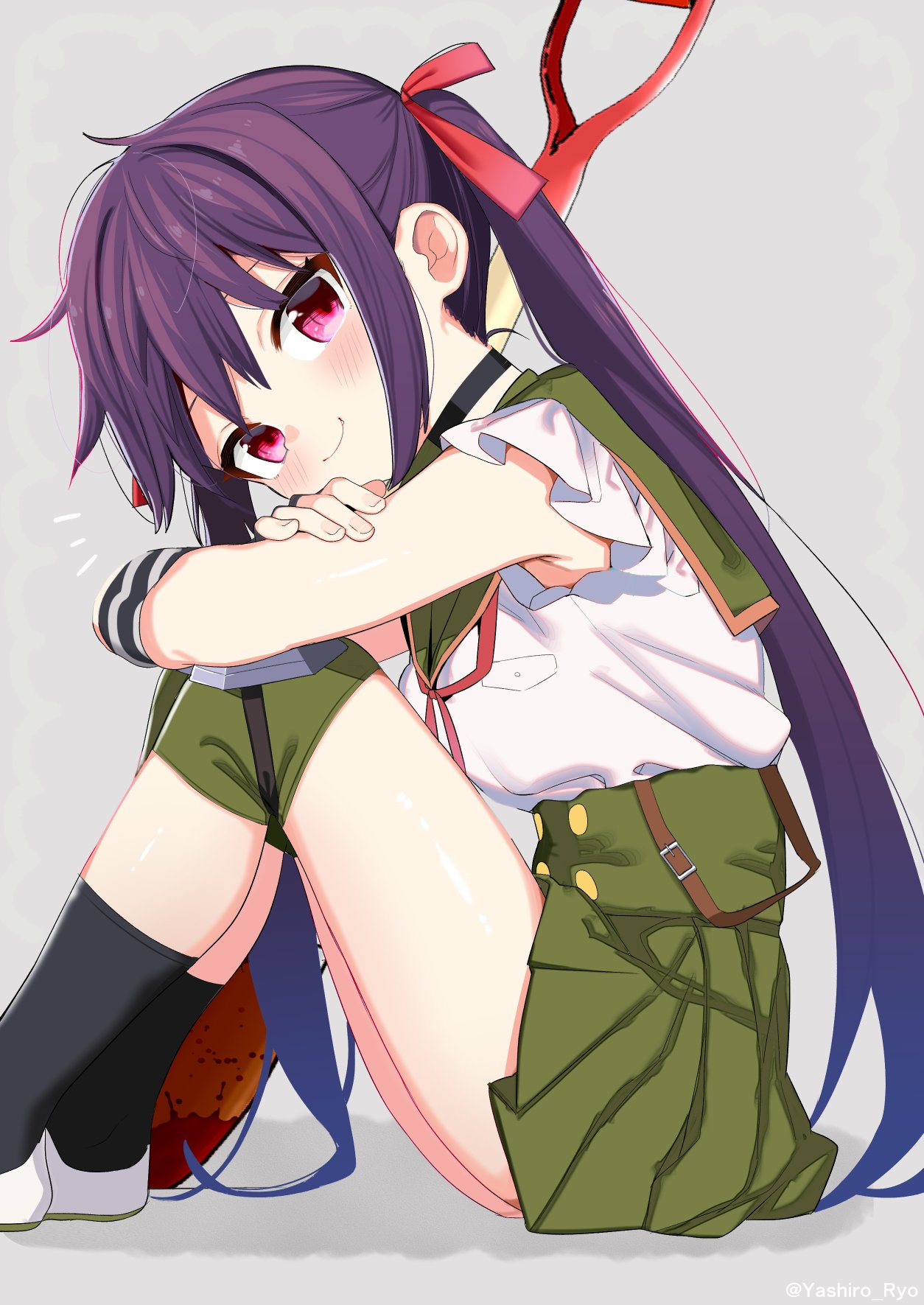 yashiro ryo, ebisuzawa kurumi, gakkou gurashi!, highres, 1girl, black choker, black socks, blood on shovel, blush, breast pocket, choker, from side, green sailor collar, green skirt, grey background, hair ribbon, holding, holding shovel, hugging own legs, knee pads, long hair, looking at viewer, megurigaoka high school uniform, miniskirt, neck ribbon, pleated skirt, pocket, purple hair, red eyes, red ribbon, ribbon, sailor collar, school uniform, shirt, shoes, short sleeves, shovel, simple background, sitting, skirt, smile, socks, solo, twintails, very long hair, white background, white shirt, white shoes