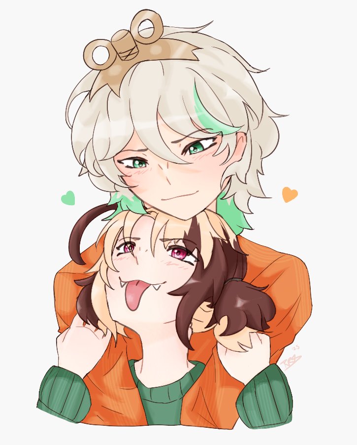 cecilia immergreen, gigi murin, holojustice, hololive, hololive english, 2girls, ahoge, blonde hair, blush, brown hair, coat, colored inner hair, green coat, green eyes, green hair, green streaks, grey hair, multicolored hair, multiple girls, orange shirt, rexarts, shirt, short hair, smile, streaked hair, tongue, tongue out, twintails, two-tone hair, virtual youtuber, winding key, yuri