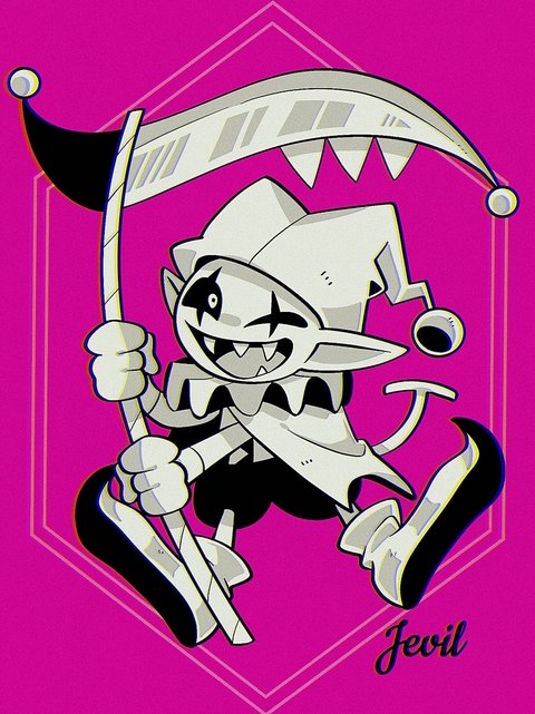 kansou (kanso 1), jevil, deltarune, utdr (toby fox), bad id, bad pixiv id, inactive account, 1boy, ;d, ankle boots, boots, capelet, character name, chromatic aberration, colored sclera, devilsknife (deltarune), fewer digits, film grain, gloves, greyscale with colored background, hat, hat bell, holding, holding scythe, jester, jester cap, jevilstail, long sleeves, looking at viewer, male focus, one eye closed, open mouth, pink background, pointy ears, puffy shorts, scythe, sharp teeth, shirt, shorts, simple background, smile, tail, teeth, tongue