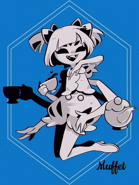 kansou (kanso 1), muffet, undertale, utdr (toby fox), bad id, bad pixiv id, inactive account, 1girl, :d, arthropod girl, blue background, blunt bangs, boots, bow, chromatic aberration, cup, extra arms, extra eyes, fangs, fewer digits, film grain, full body, greyscale with colored background, hair bow, hand up, high heel boots, high heels, holding, holding cup, hollow eyes, insect girl, jumping, open mouth, puffy short sleeves, puffy shorts, puffy sleeves, shirt, short hair, short sleeves, shorts, simple background, smile, solo, spider girl, teacup, teapot, tongue, two side up