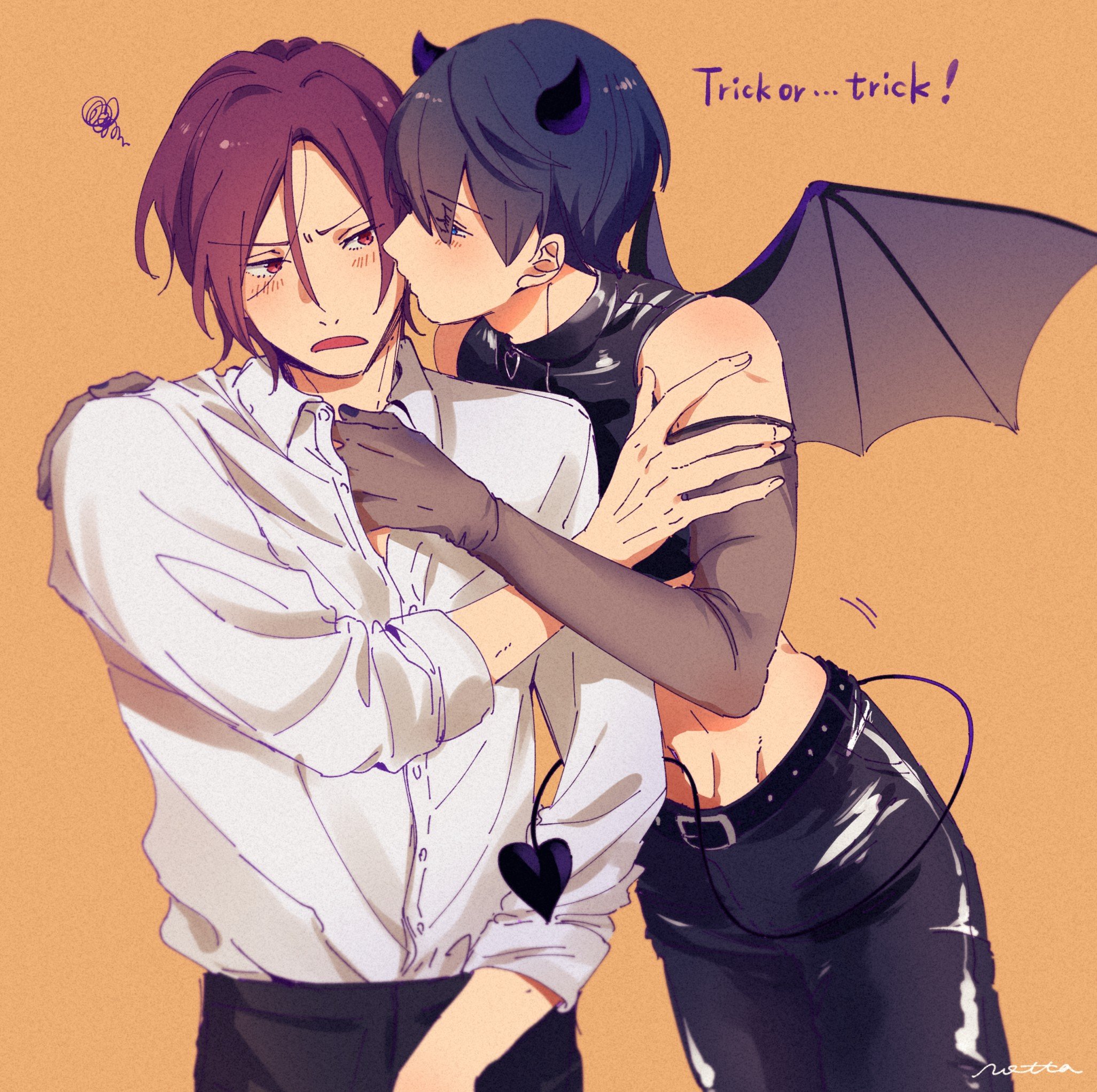 matsuoka rin, nanase haruka (free!), free!, highres, 2boys, black hair, black jacket, black pants, blush, buttons, cropped jacket, demon horns, demon tail, demon wings, hair between eyes, horns, jacket, kiss, kissing cheek, leather, leather pants, long sleeves, male focus, multiple boys, open mouth, orange background, pants, red hair, shaaark rotta03, shirt, short hair, squiggle, tail, trick or treat, white shirt, wings, yaoi