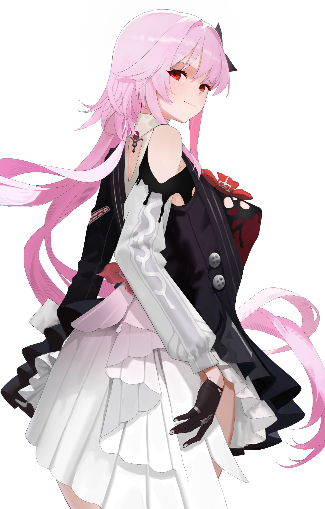 fuujin (windust michio), evernight (honkai: star rail), march 7th (honkai: star rail), honkai: star rail, honkai (series), highres, 1girl, asymmetrical dress, black dress, black flower, black gloves, breasts, dress, flower, flower ornament, gloves, hair flower, hair ornament, hairclip, half-jacket, long hair, long sleeves, looking at viewer, official alternate eye color, parallel hairclips, pink hair, red eyes, simple background, smile, solo, white background